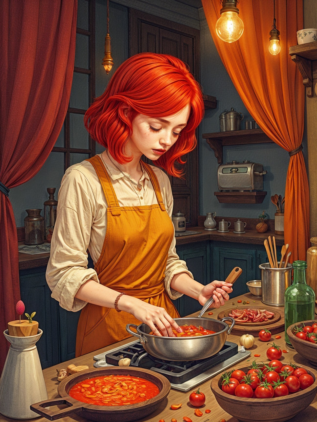 Young Woman Cooking Tomato Sauce in Cozy Kitchen