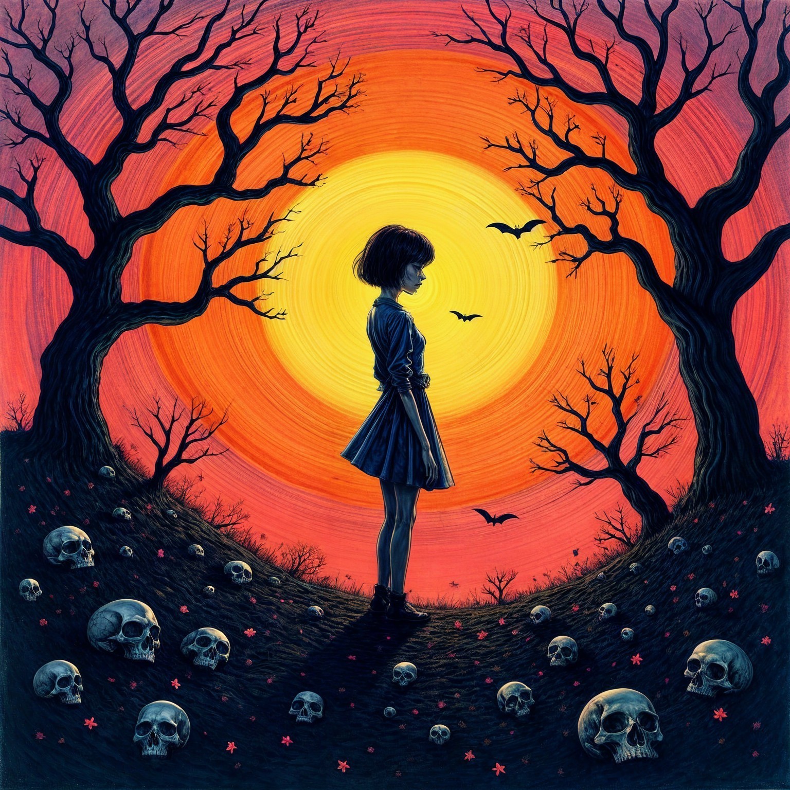 Solitary Figure at Vibrant Sunset with Eerie Elements