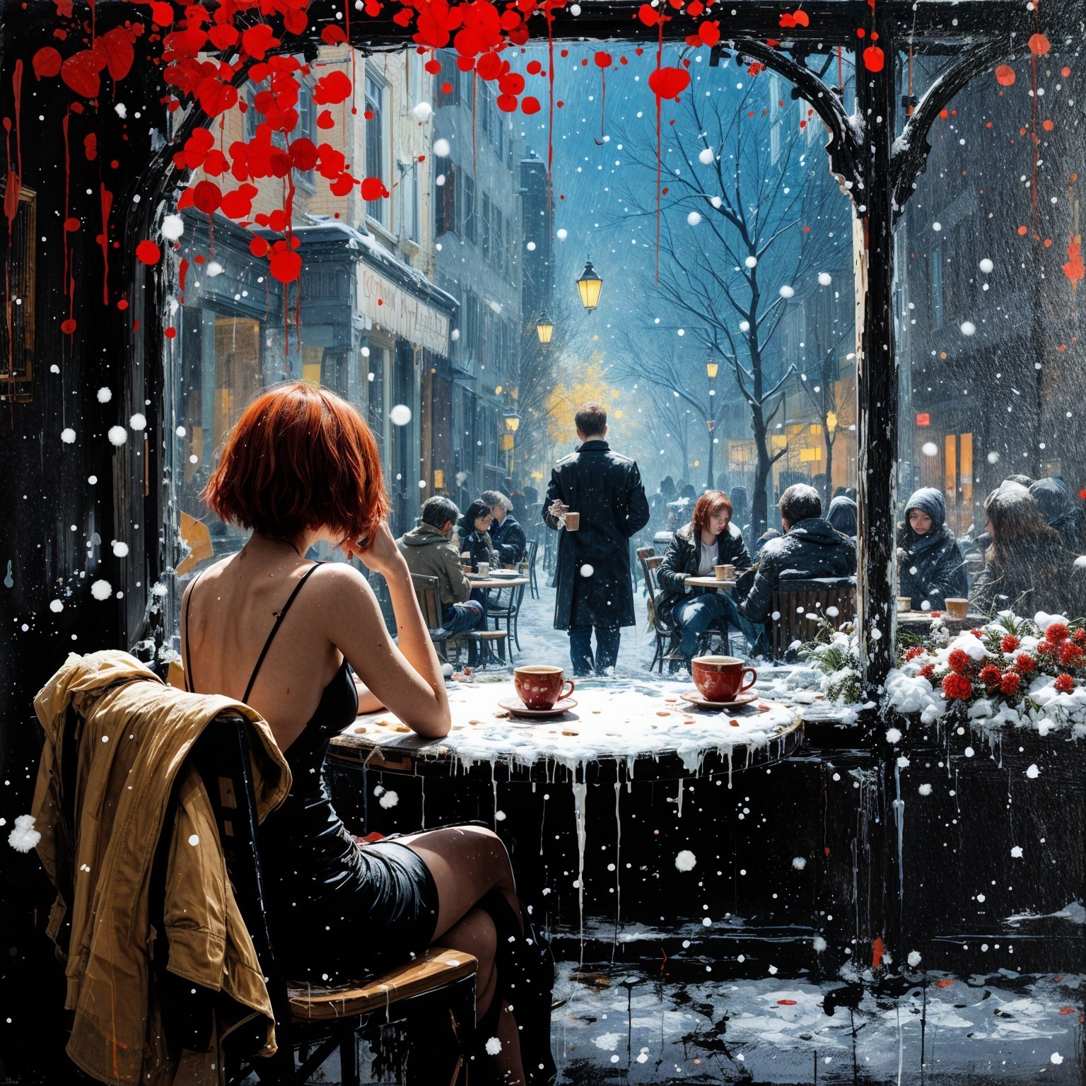 Cozy Café Scene with Winter Snow and Warm Glow