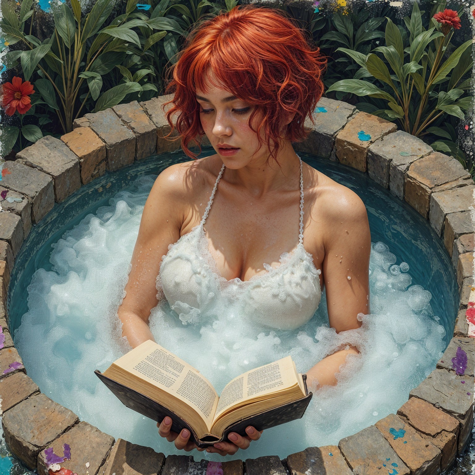 Young woman with red hair in bubble-filled hot tub