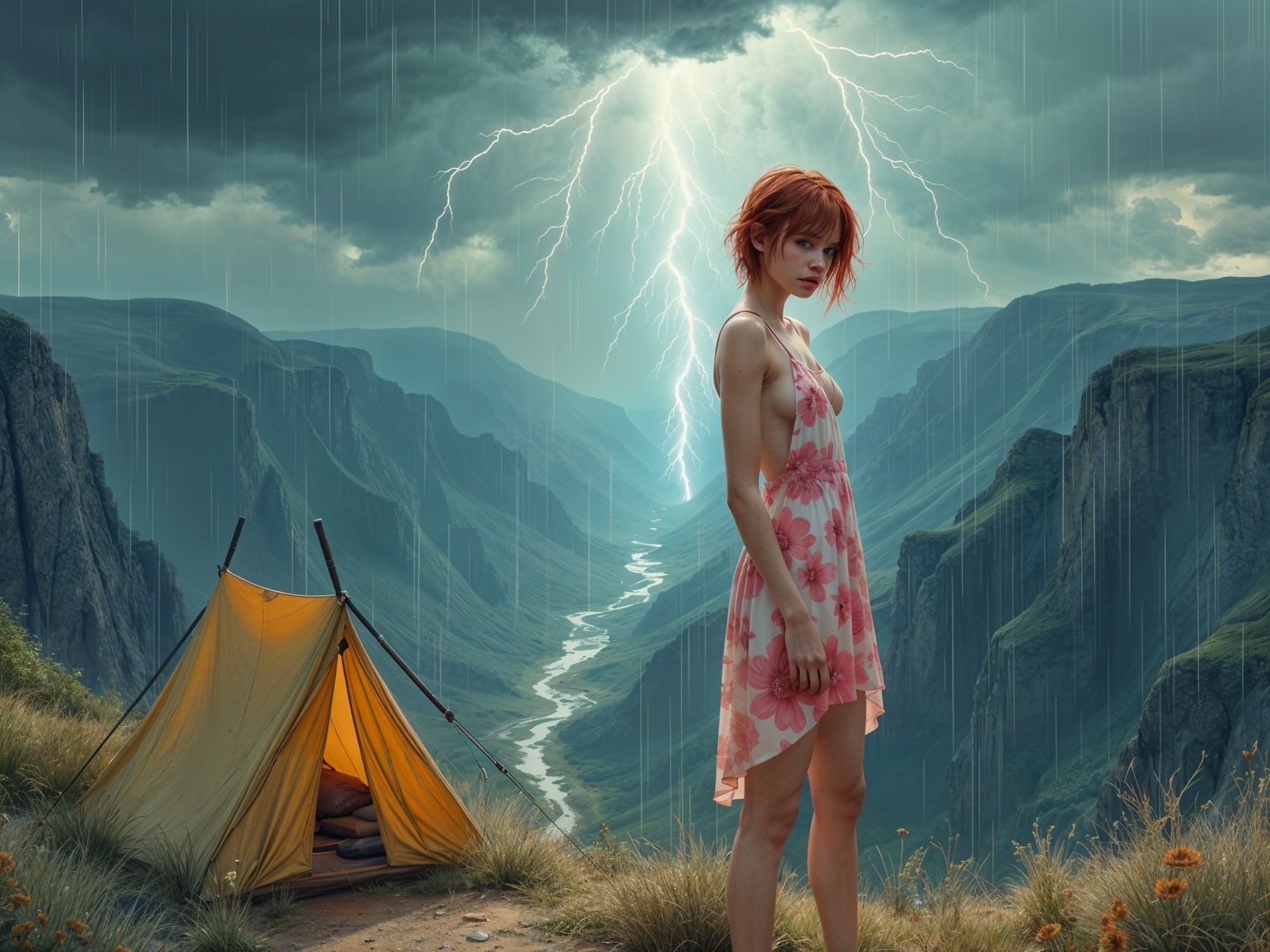 Young Woman on Cliffside Amidst Stormy Landscape