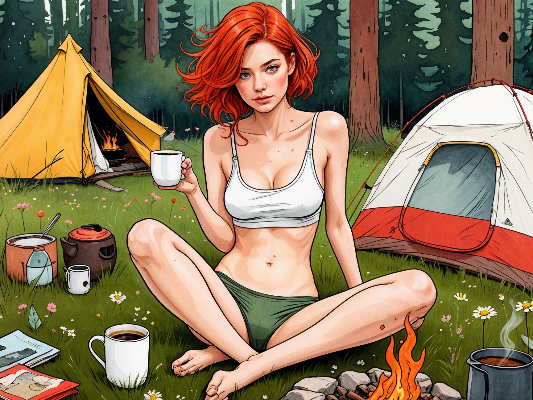 Young woman with red hair at a green campsite