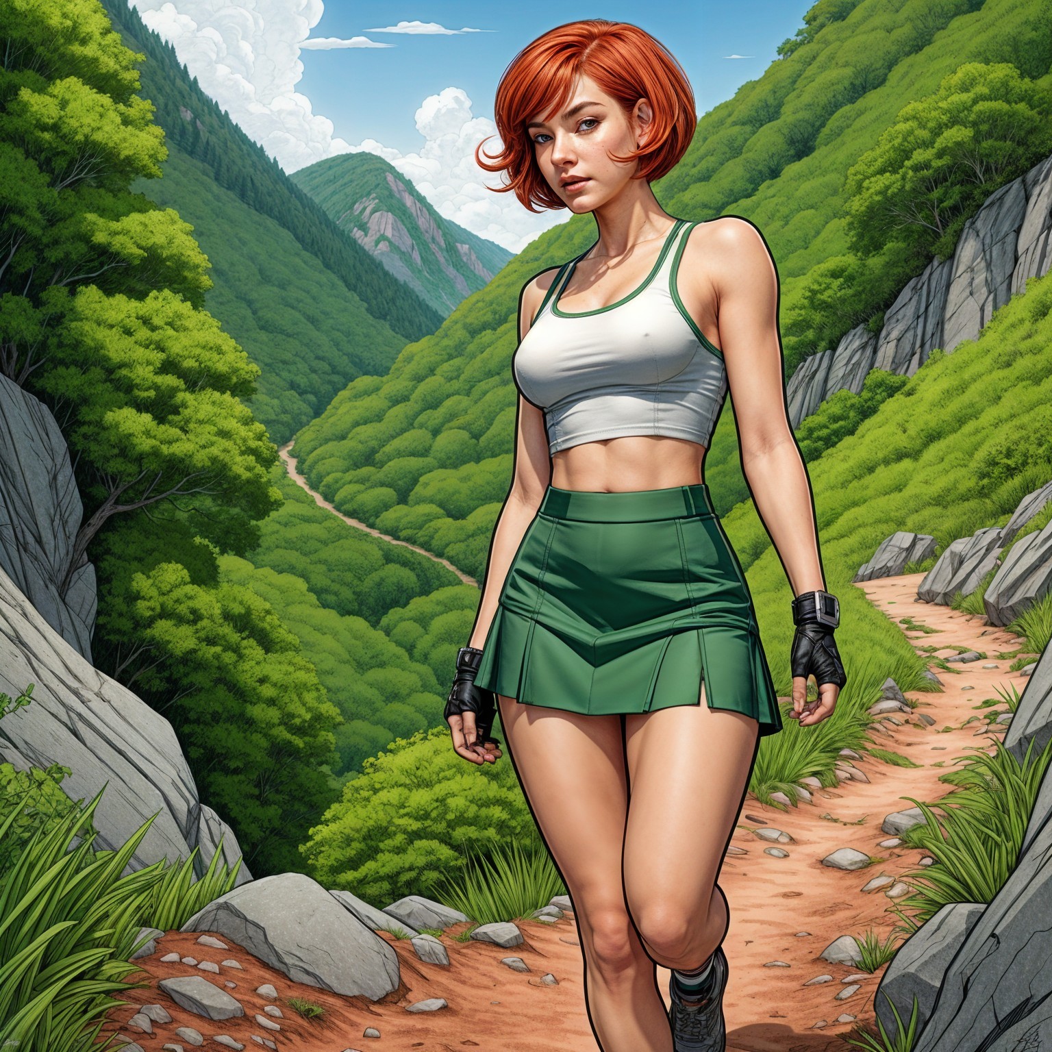 Young Woman Hiking in Lush Green Mountain Landscape