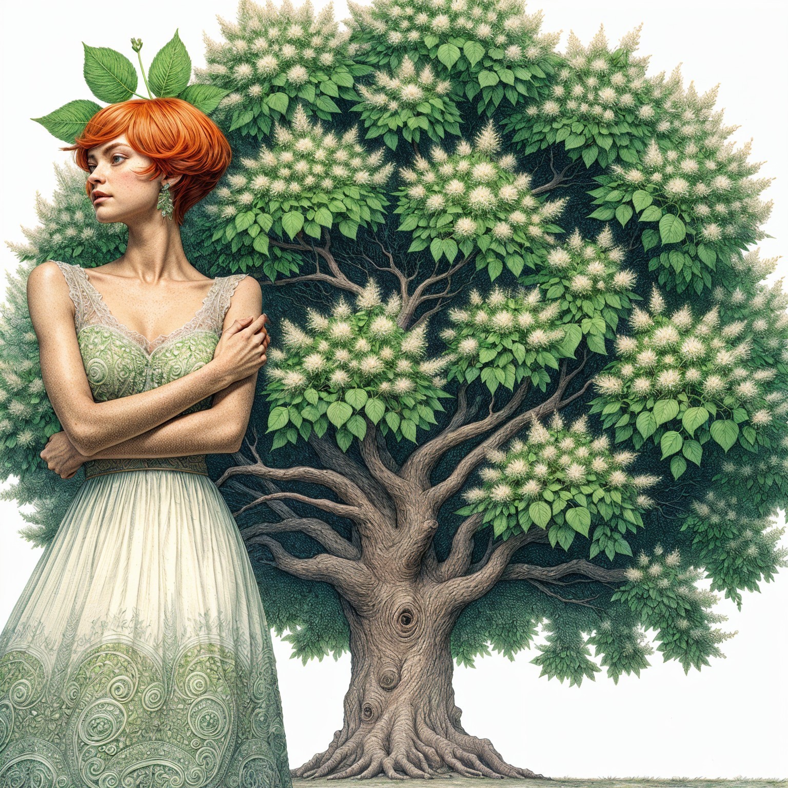 Woman in Flowing Gown by Majestic Tree Illustration