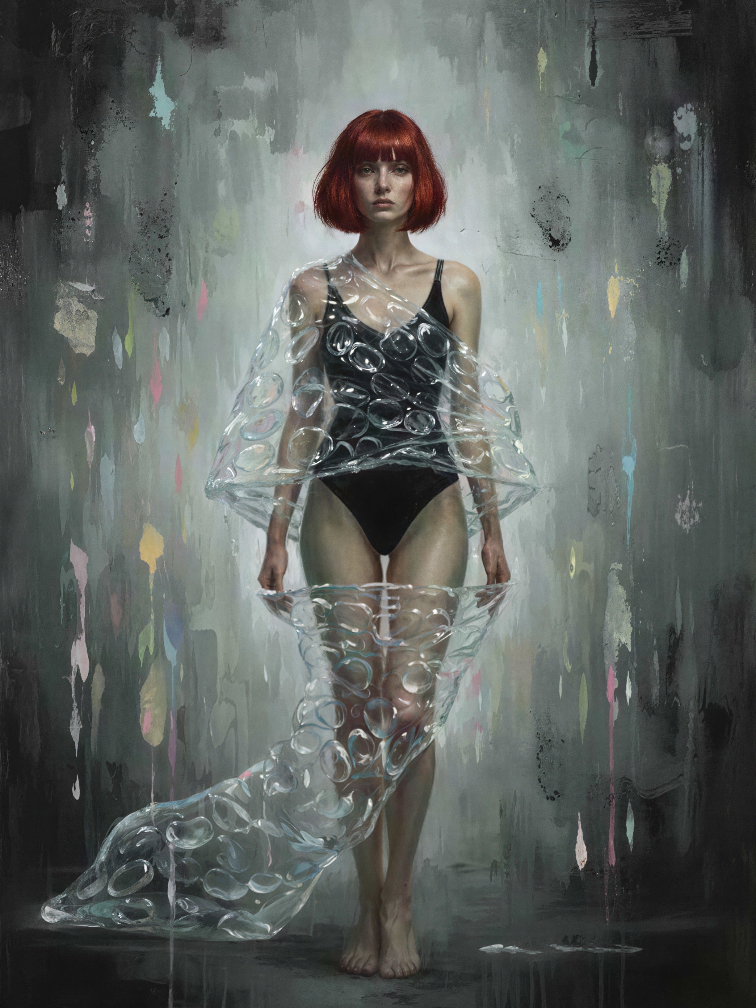 Painting of Woman in Black Swimsuit and Bubble Wrap Dress