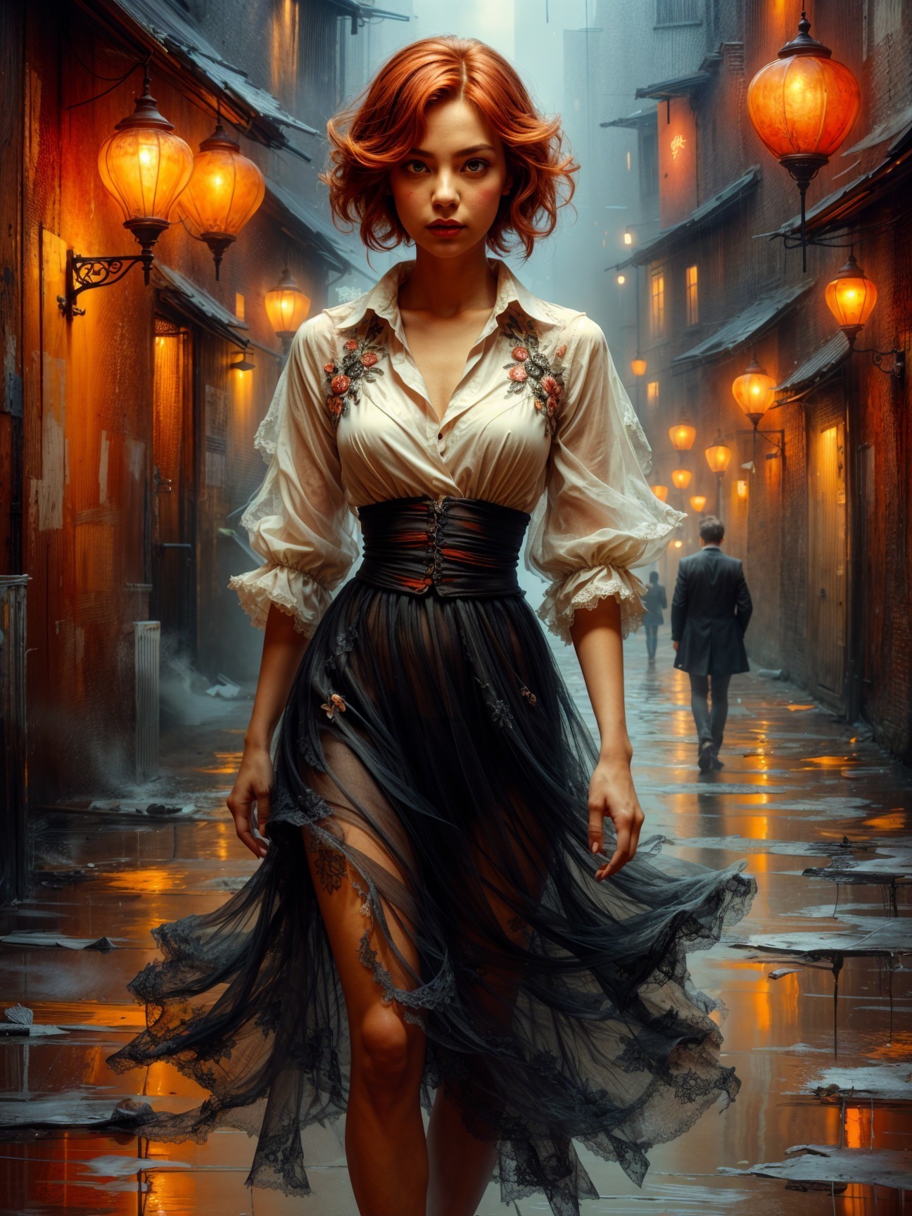Woman in Black Dress Walking Through Lantern-Lit Alley