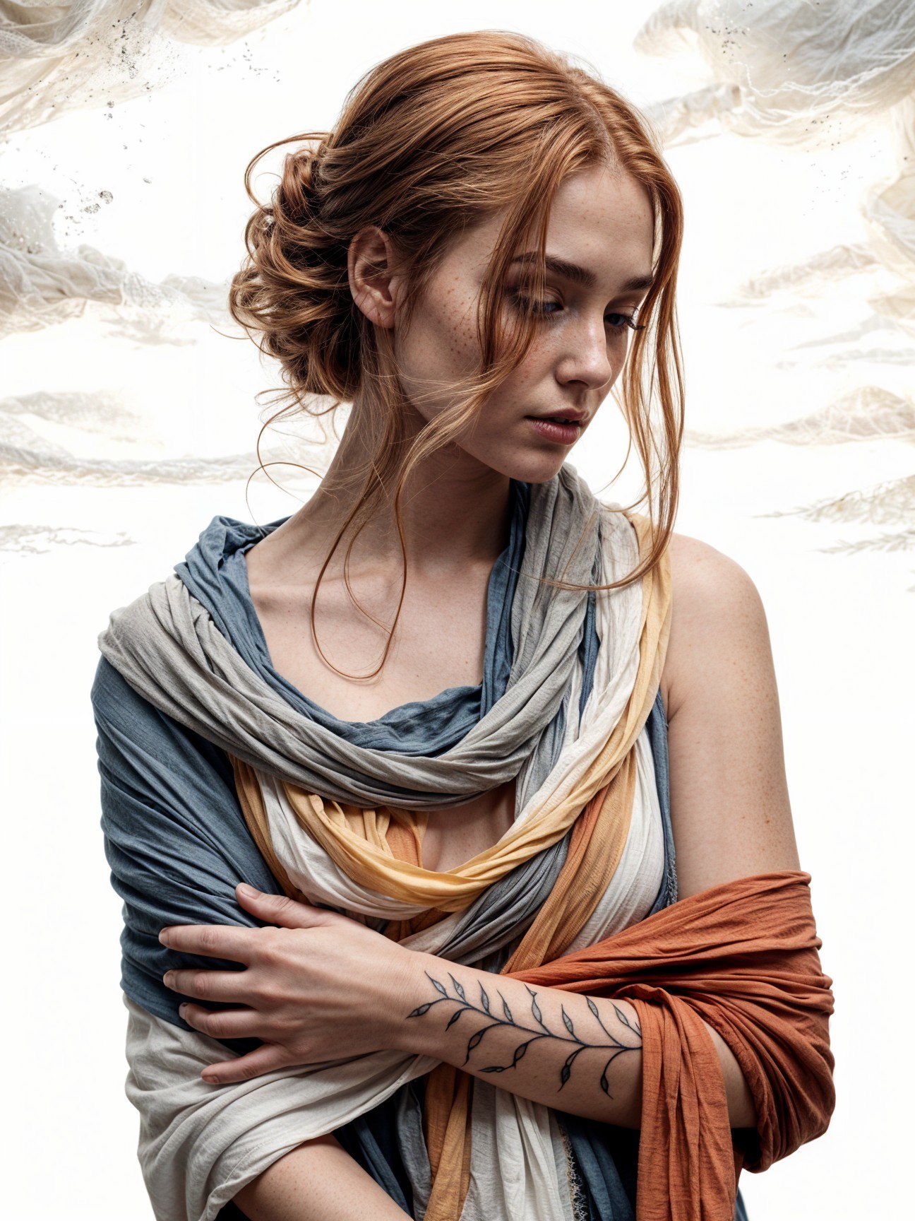 Young woman with red hair in textured flowing fabrics