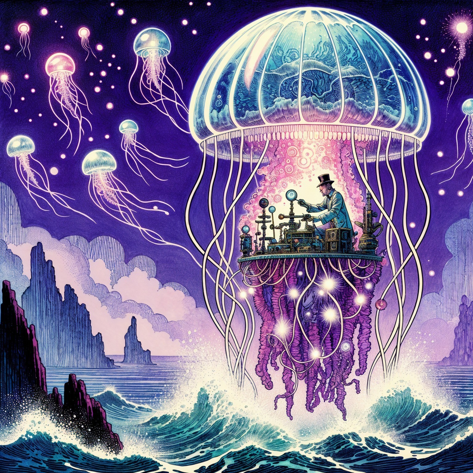 Giant Jellyfish with Vintage Man Above Ocean Waves