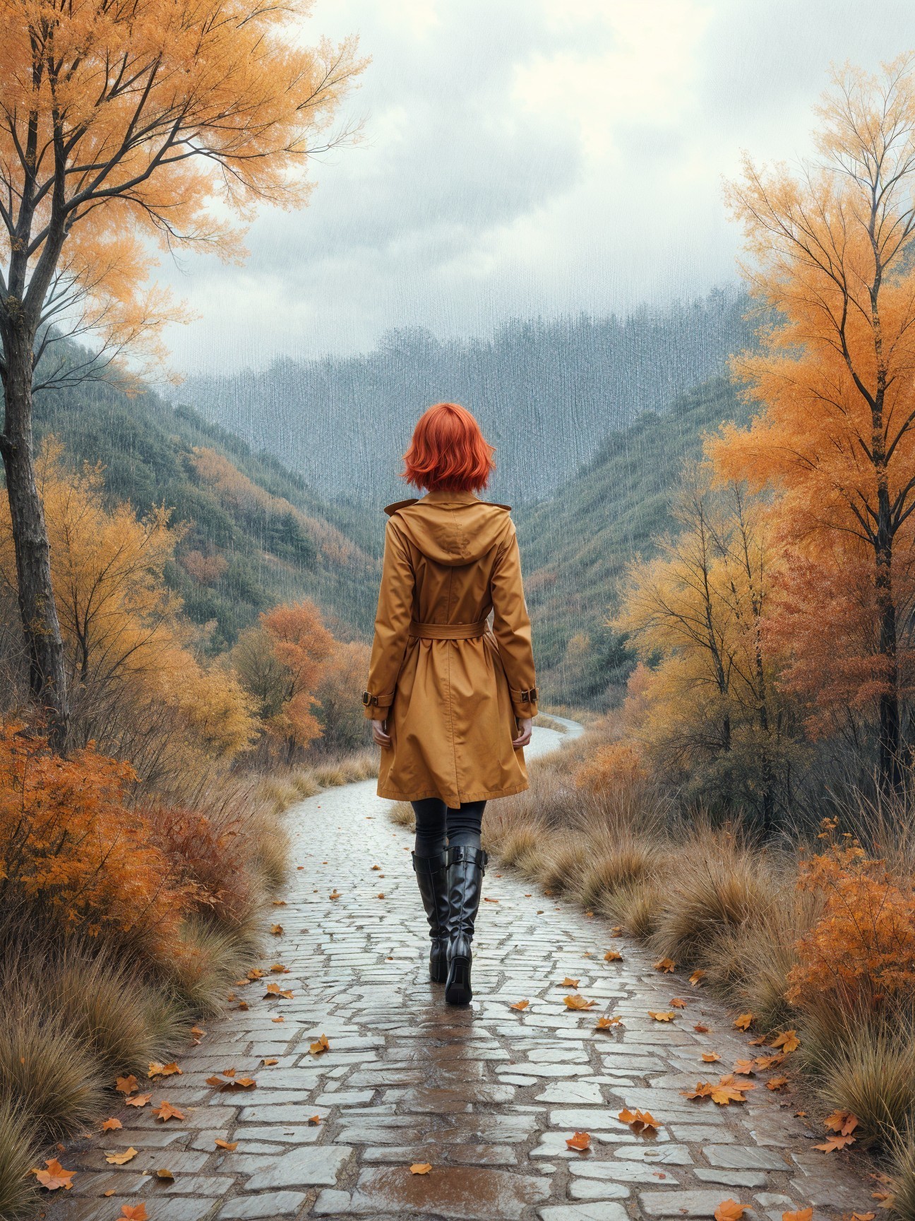 Woman in yellow raincoat on cobblestone path in autumn