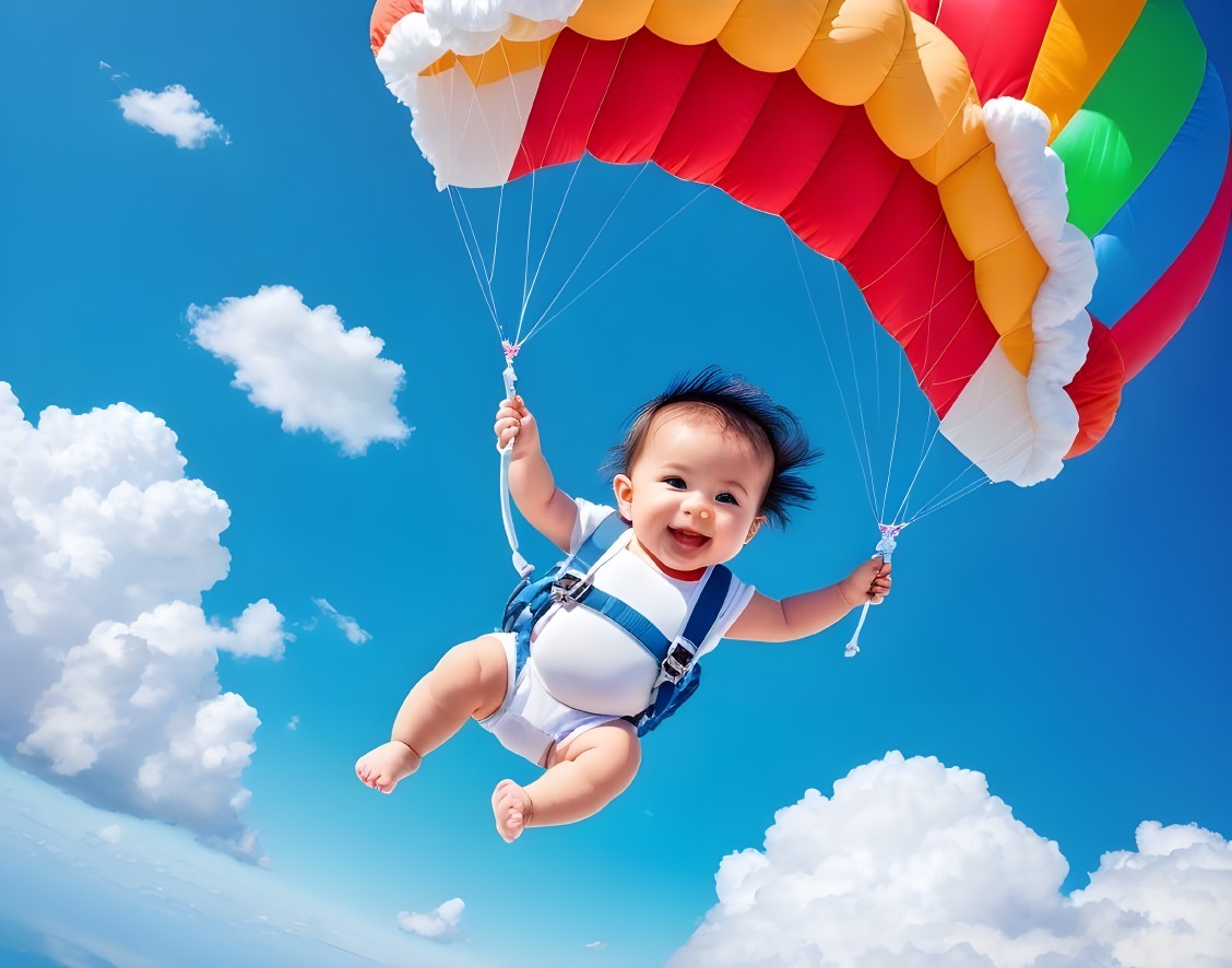 Baby Parachuting in a Bright Blue Sky with Clouds