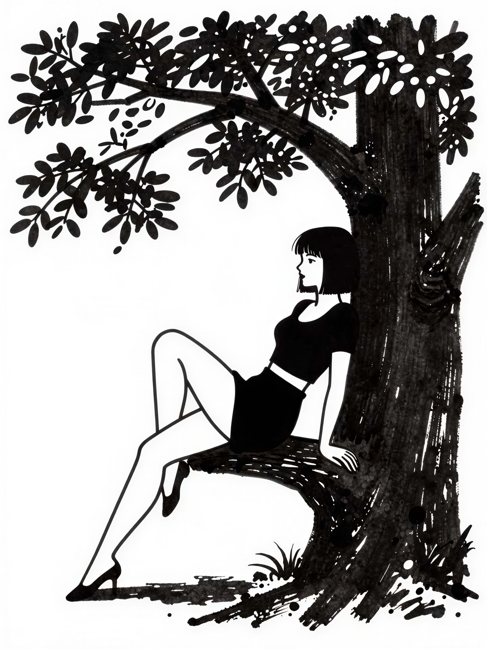 Black and white illustration of a seated woman in a tree