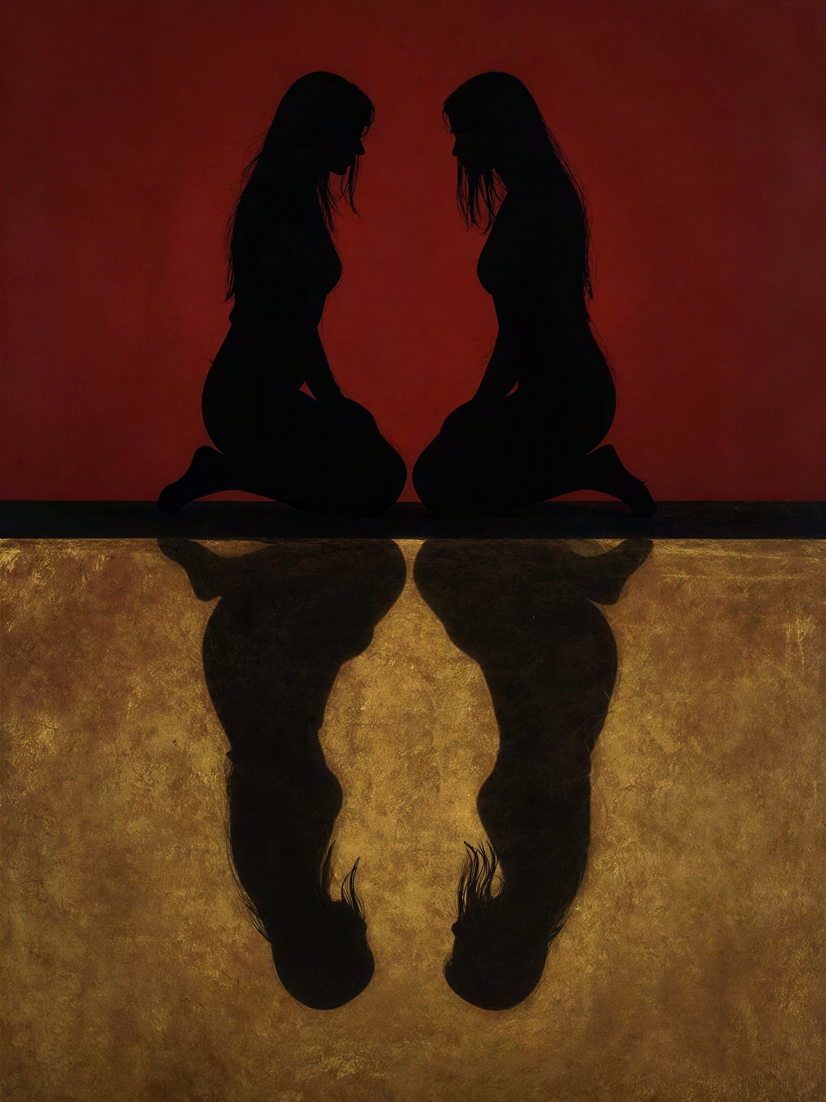 Dark Silhouettes Reflected on Golden Surface