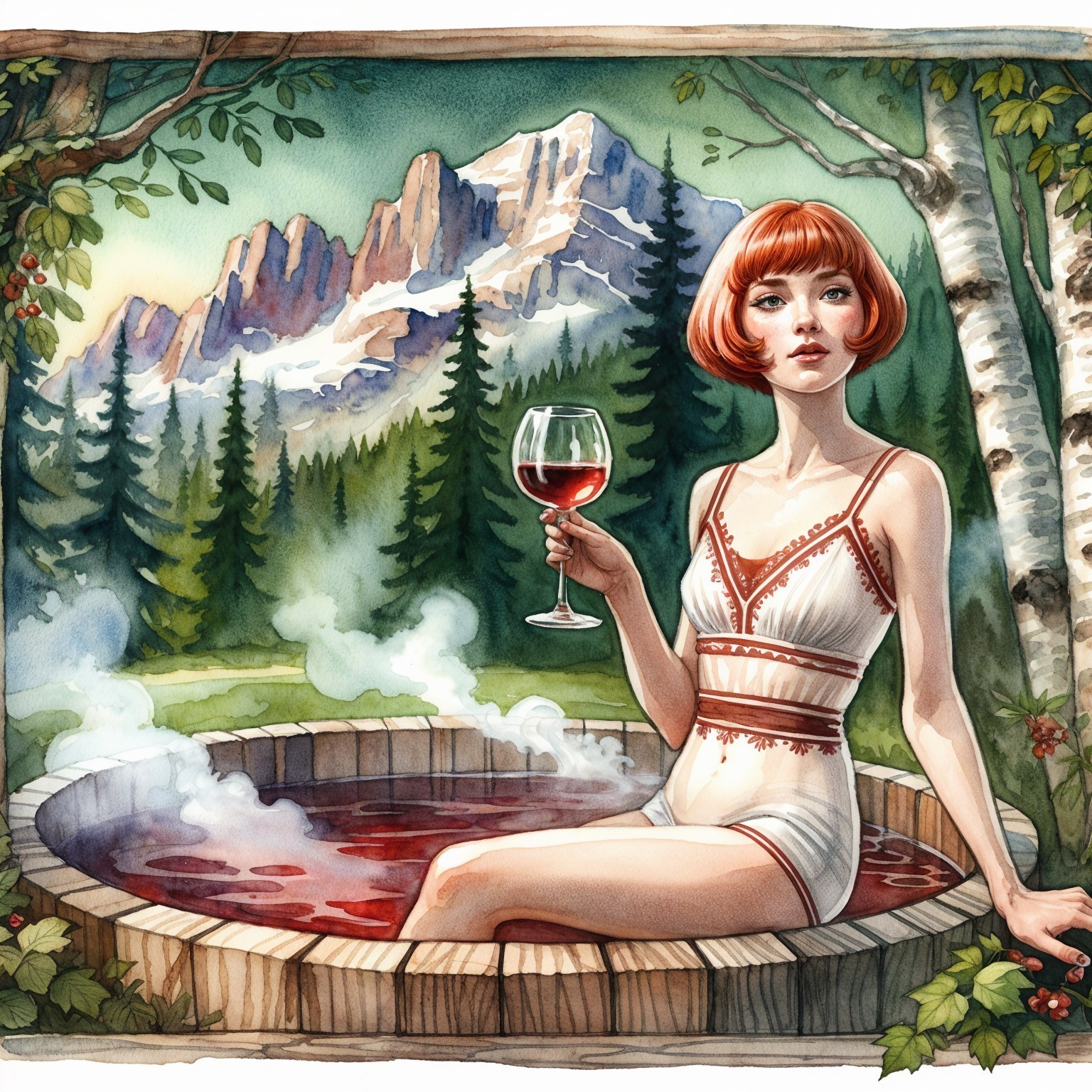 Woman in White Bathing Suit in Wine-Filled Hot Tub