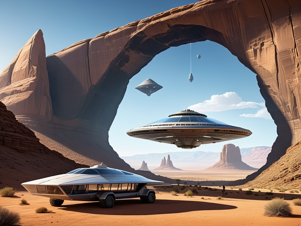 Desert Landscape with Futuristic Spacecraft and Arch