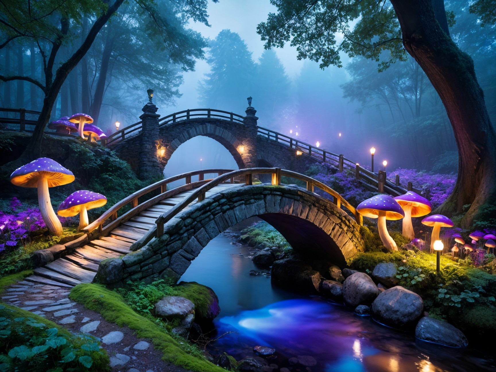 Twilight Landscape with Stone Bridge and Glowing Mushrooms