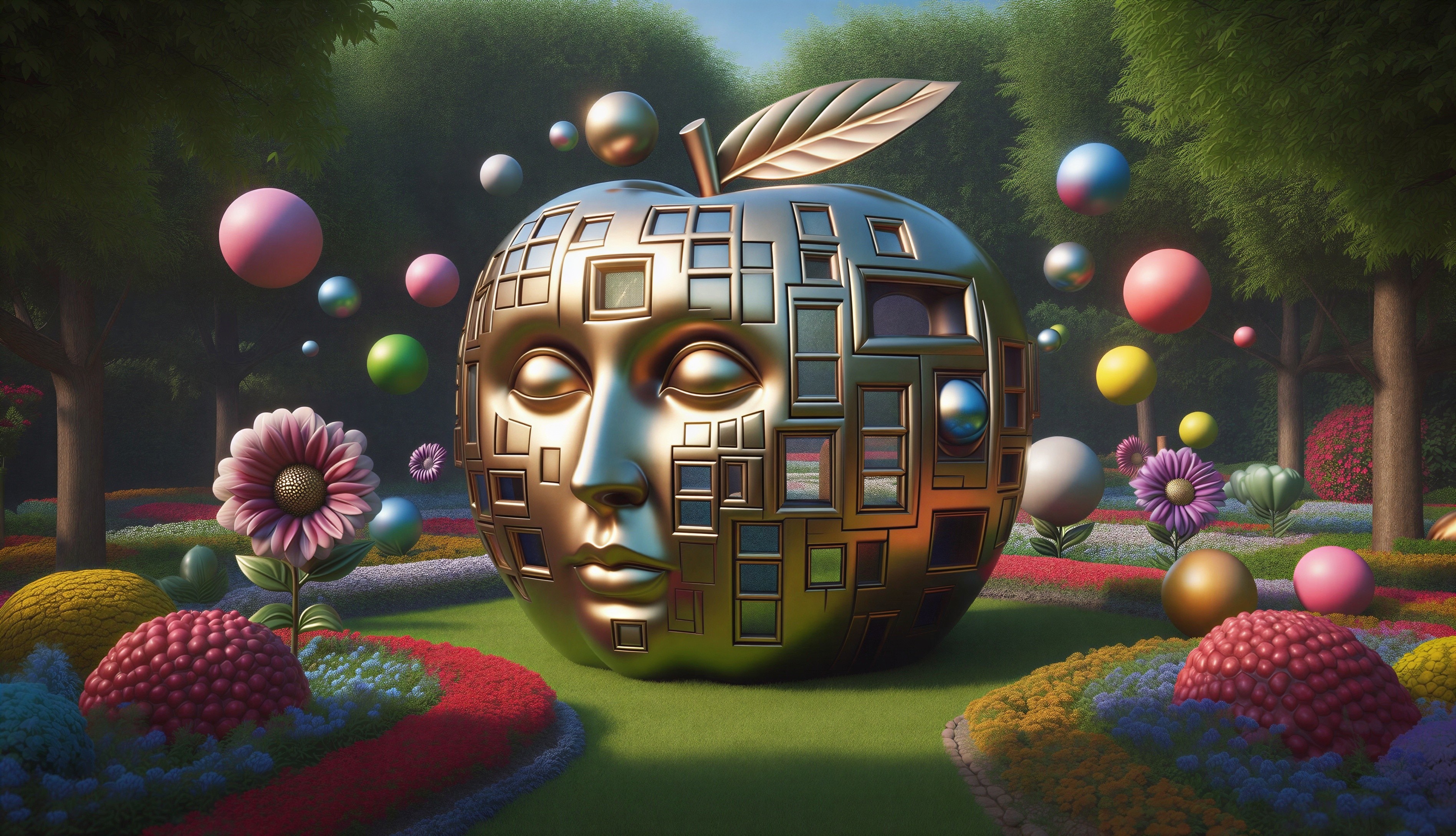 Metallic Apple Sculpture in a Colorful Garden Setting