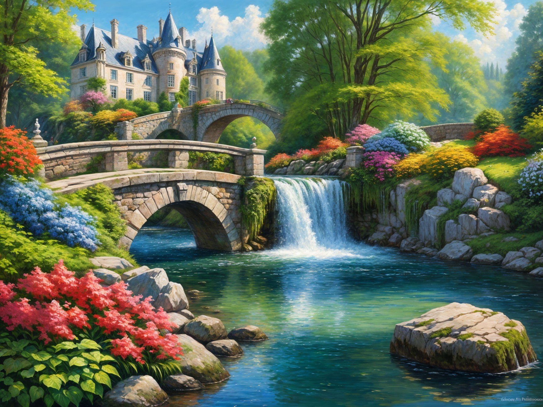 Grand castle with towers and serene river scene