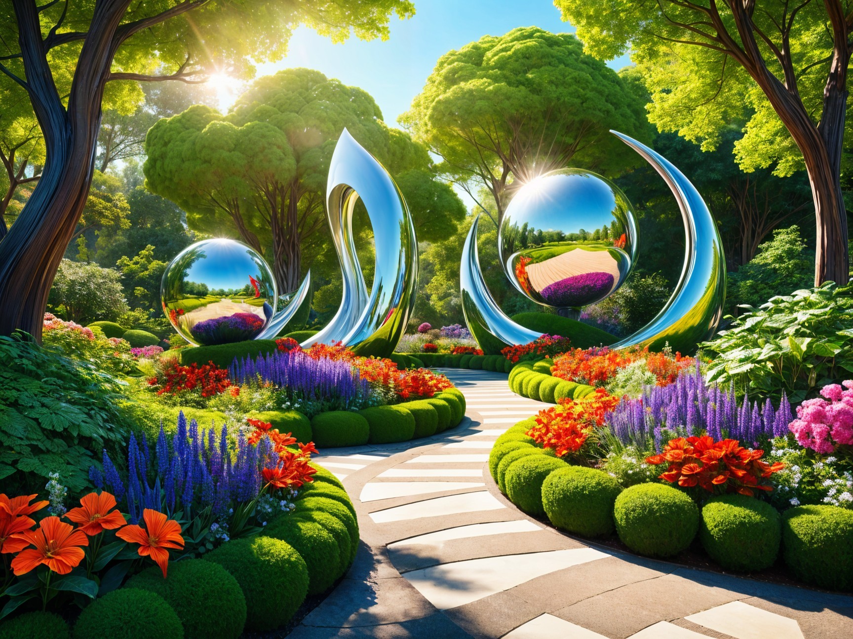 Vibrant garden with colorful flowers and sculptures