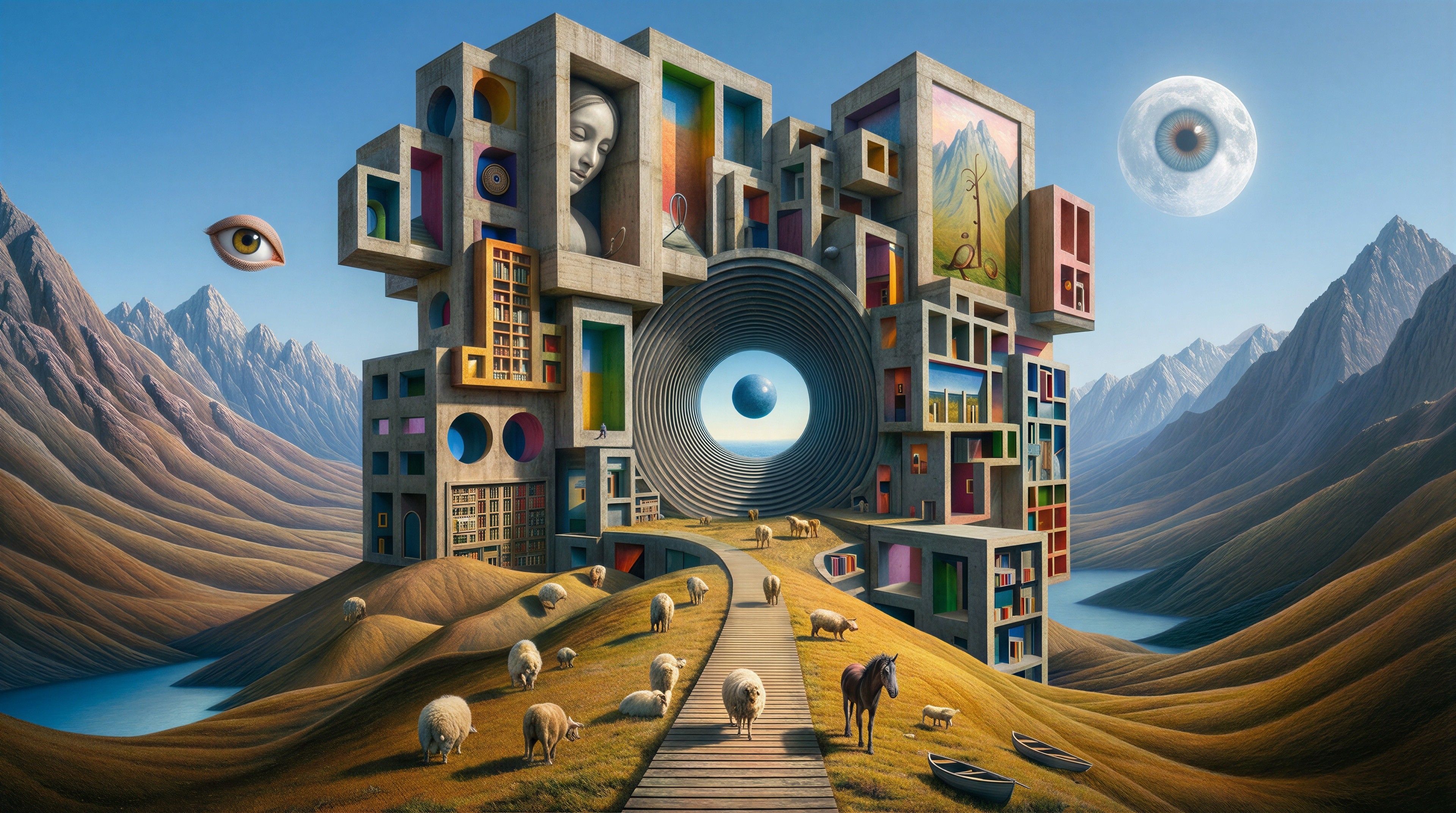 Surreal Landscape with Brutalist Structure and Sphere
