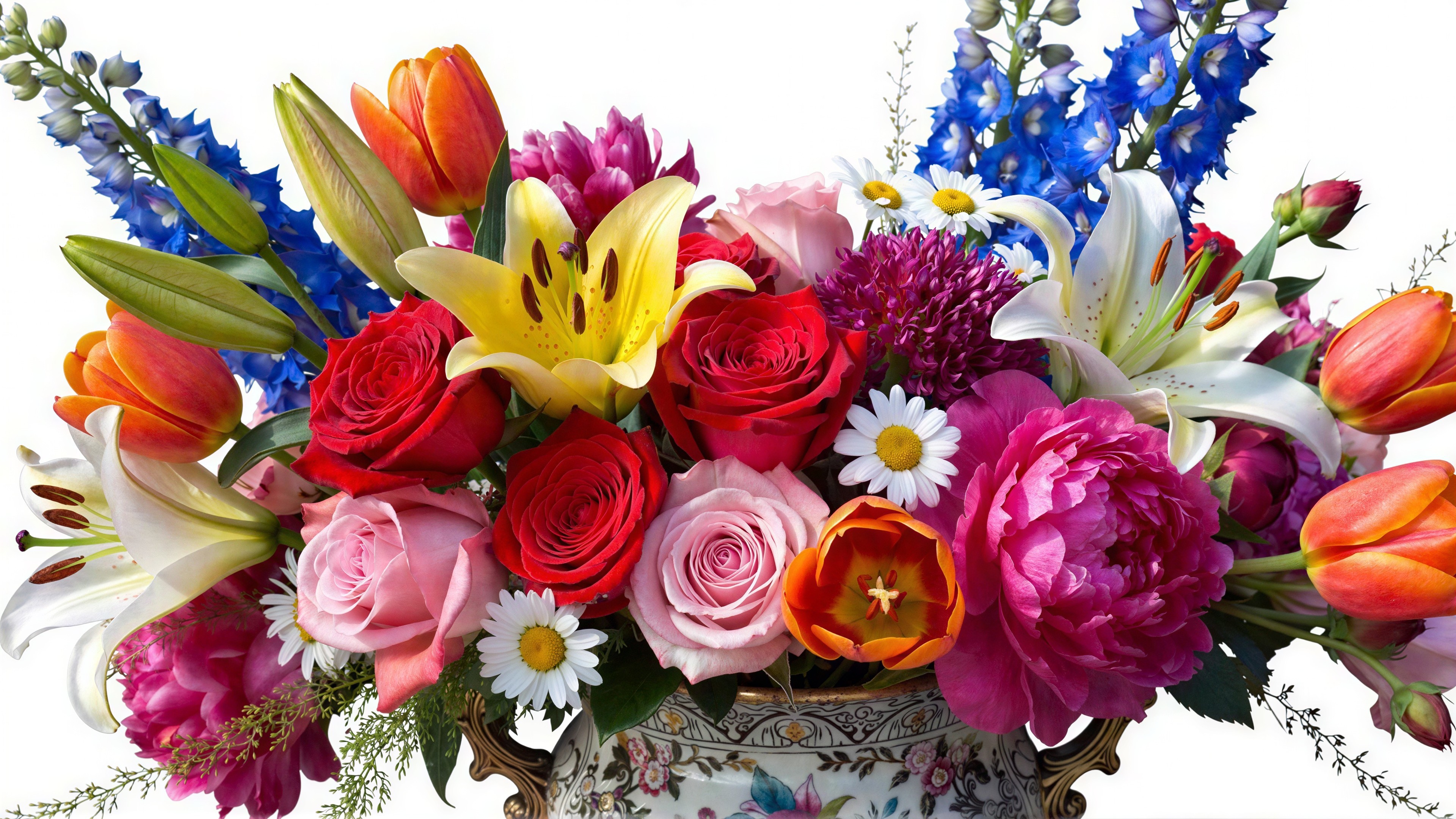 Vibrant Floral Arrangement in Ornate Vase on White Background