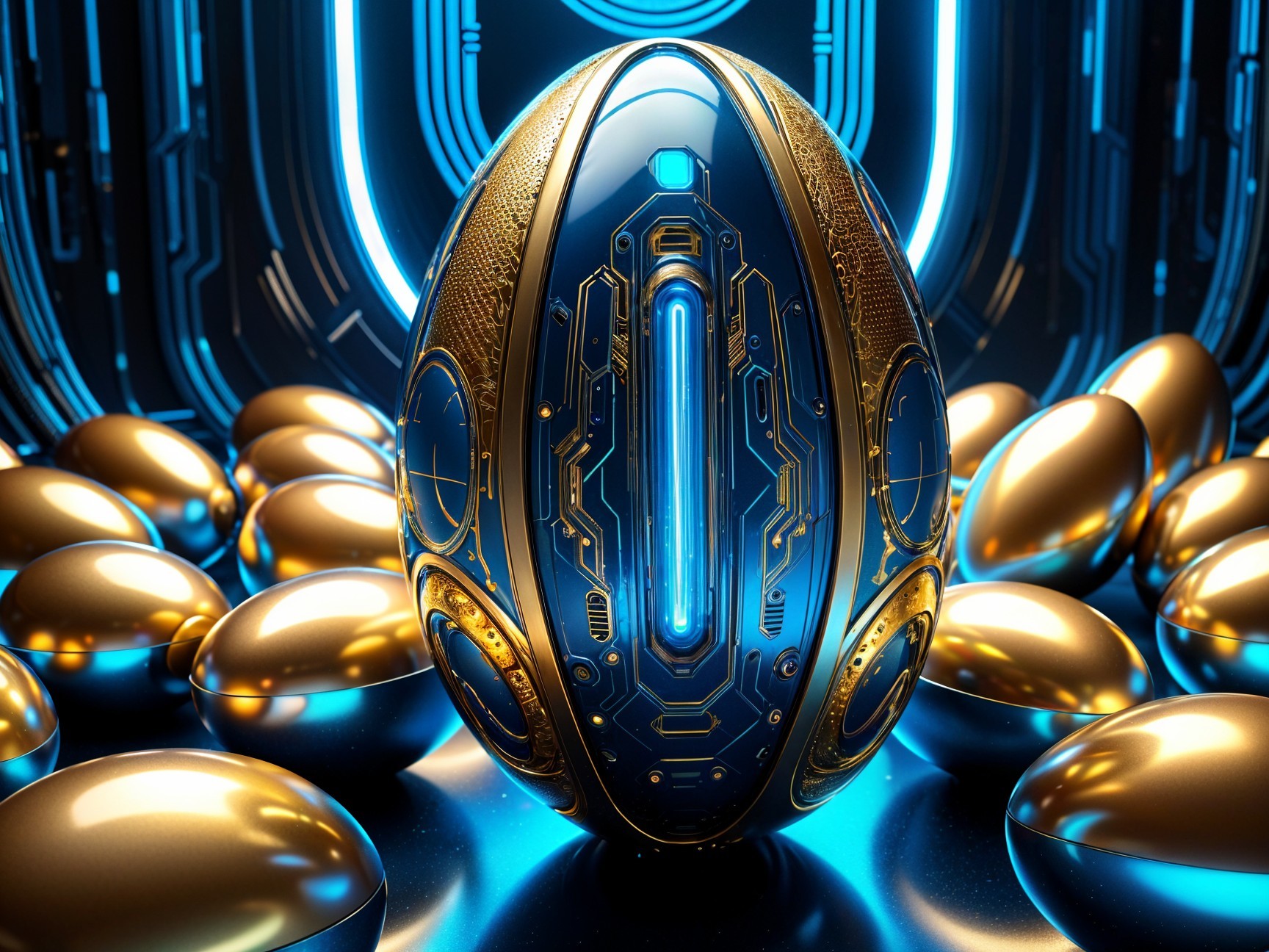 Futuristic Metallic Egg Among Golden Eggs in Sci-Fi Setting