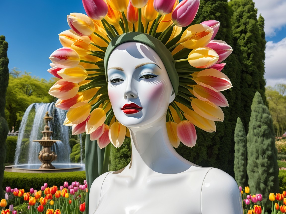 Mannequin in Floral Headdress in Garden Setting