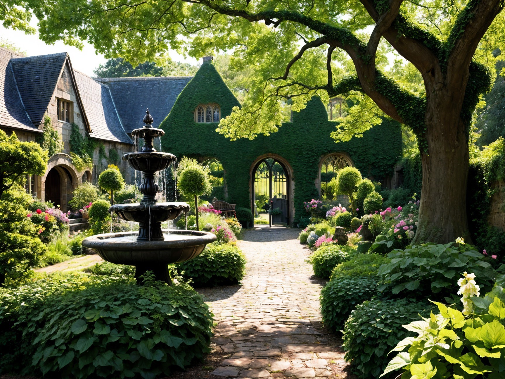 Serene Garden Scene with Stone Path and Fountain
