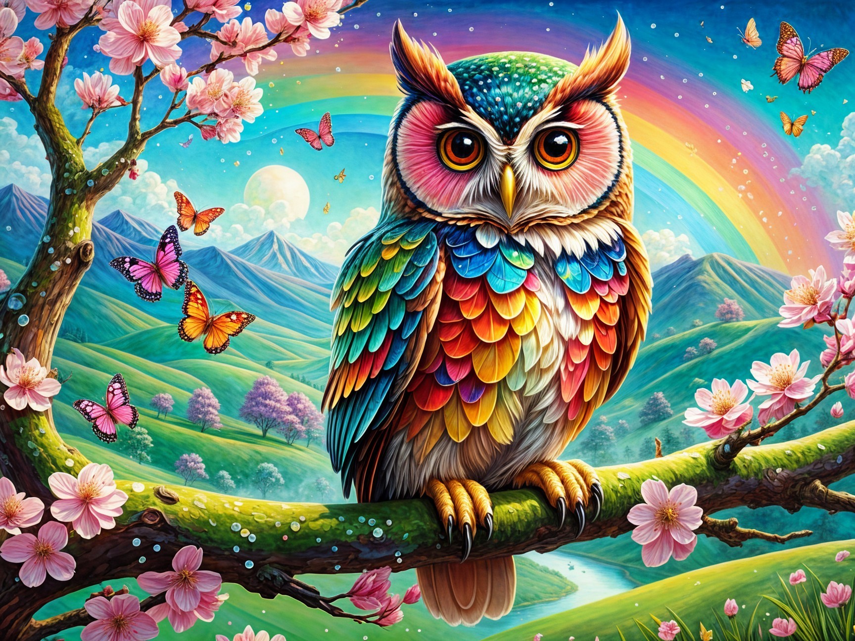 Vibrant Owl Among Cherry Blossoms and Rolling Hills