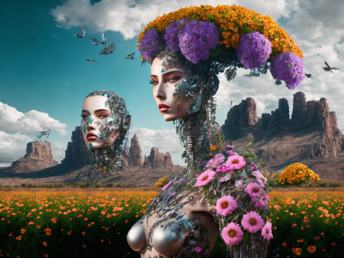 Robotic Figures with Flowers in a Colorful Landscape