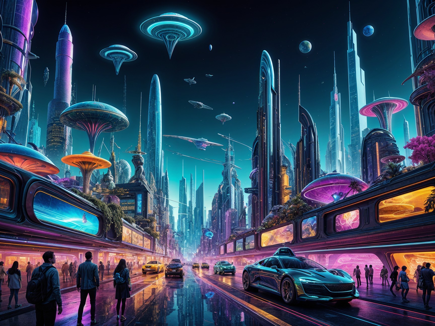 Futuristic cityscape with neon lights and greenery