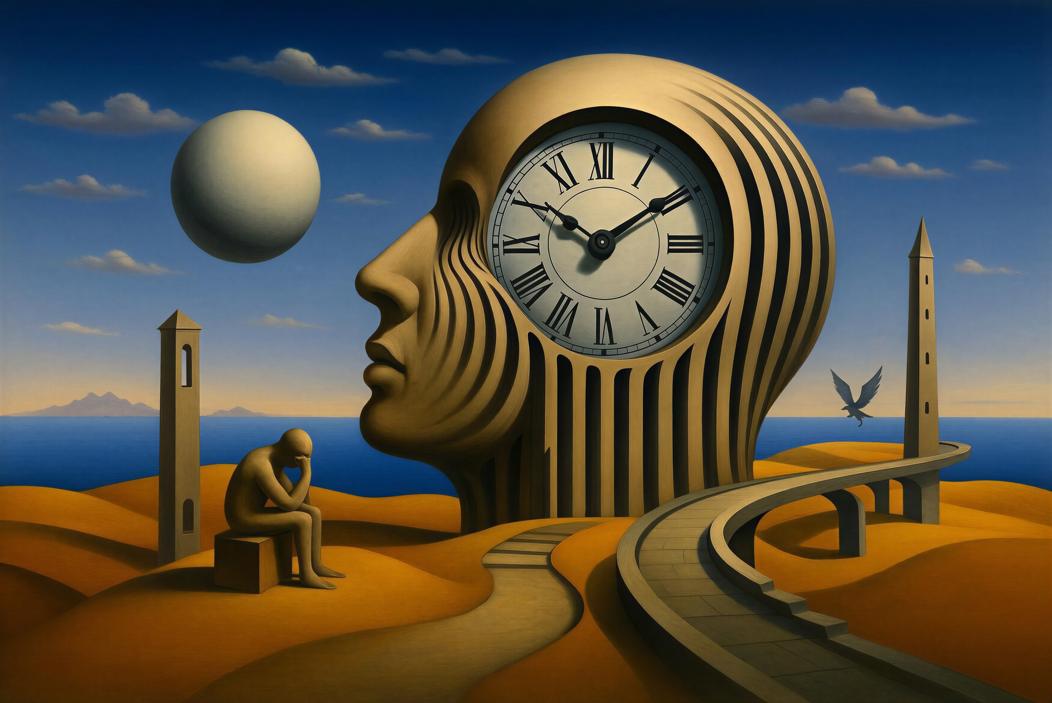 Surreal Landscape with Giant Head and Clock Symbolism