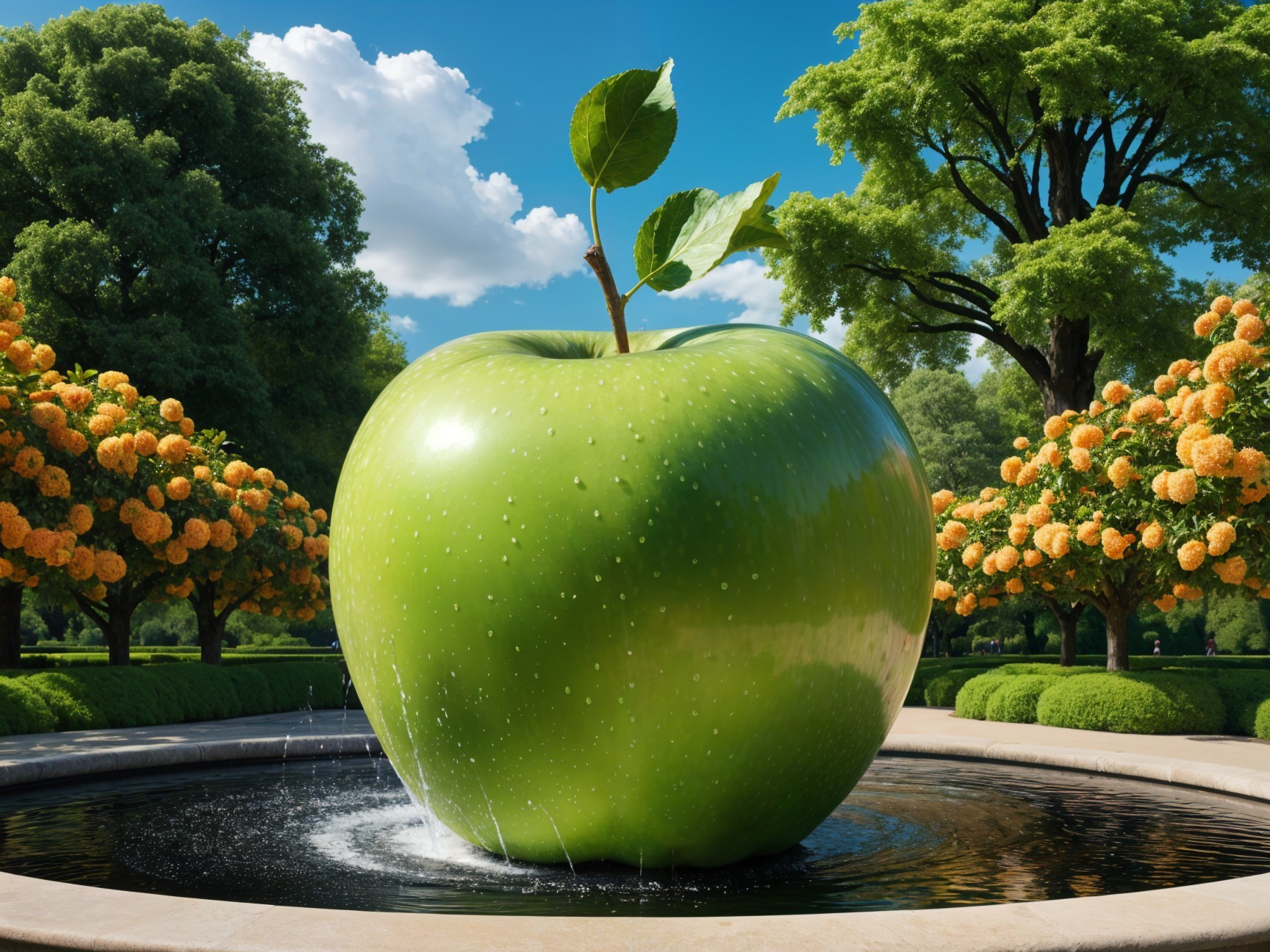 Giant Green Apple on Fountain in Lush Garden Setting