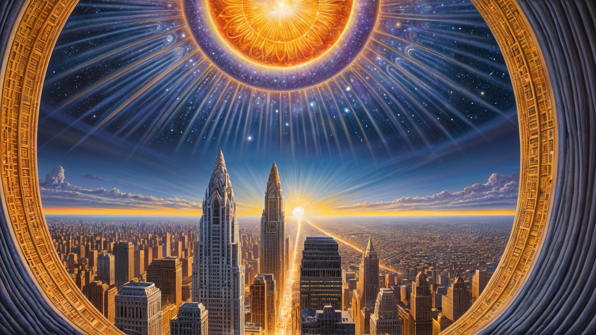 Golden Cityscape with Skyscrapers and Cosmic Sky
