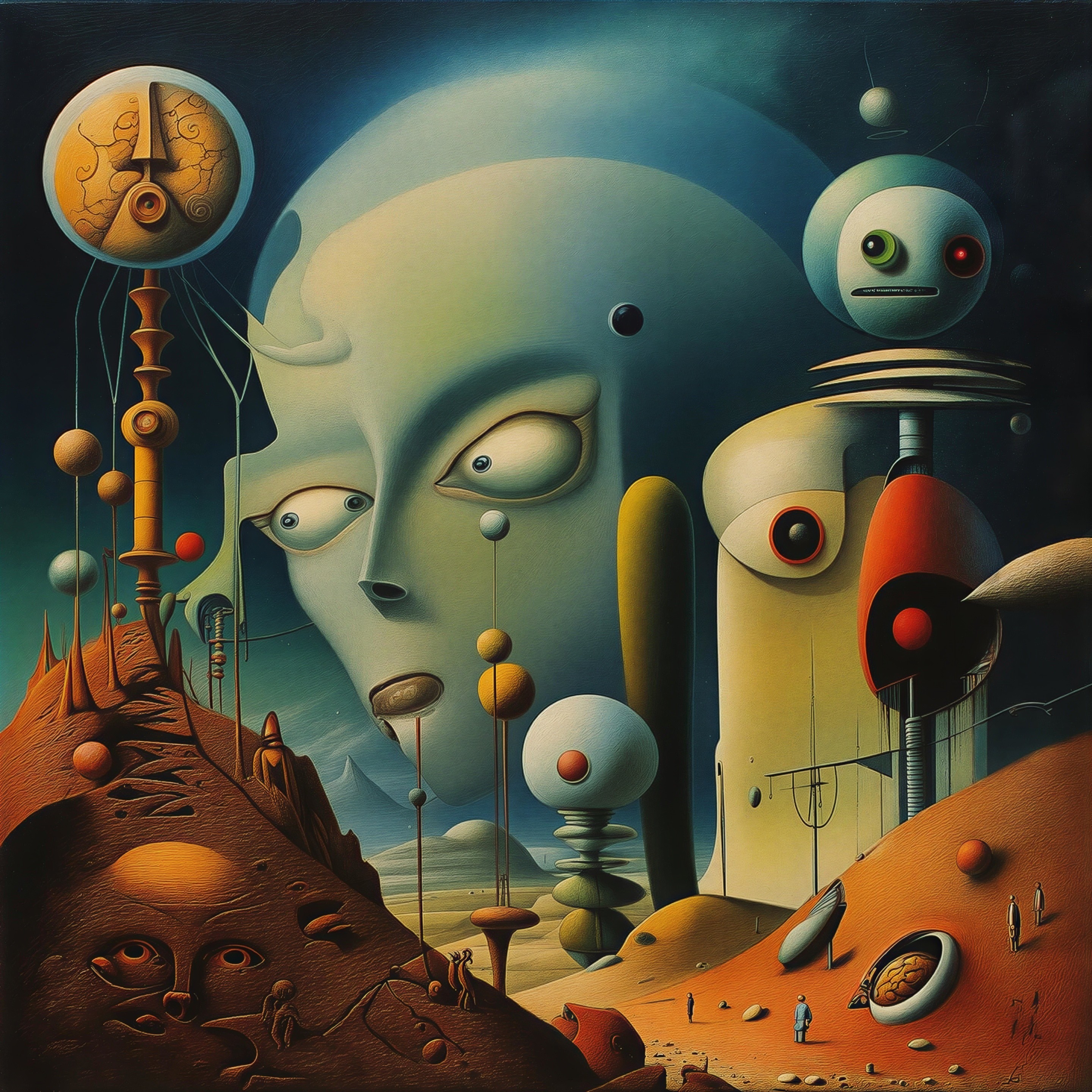 Surrealist Painting of Alien Face in Barren Landscape
