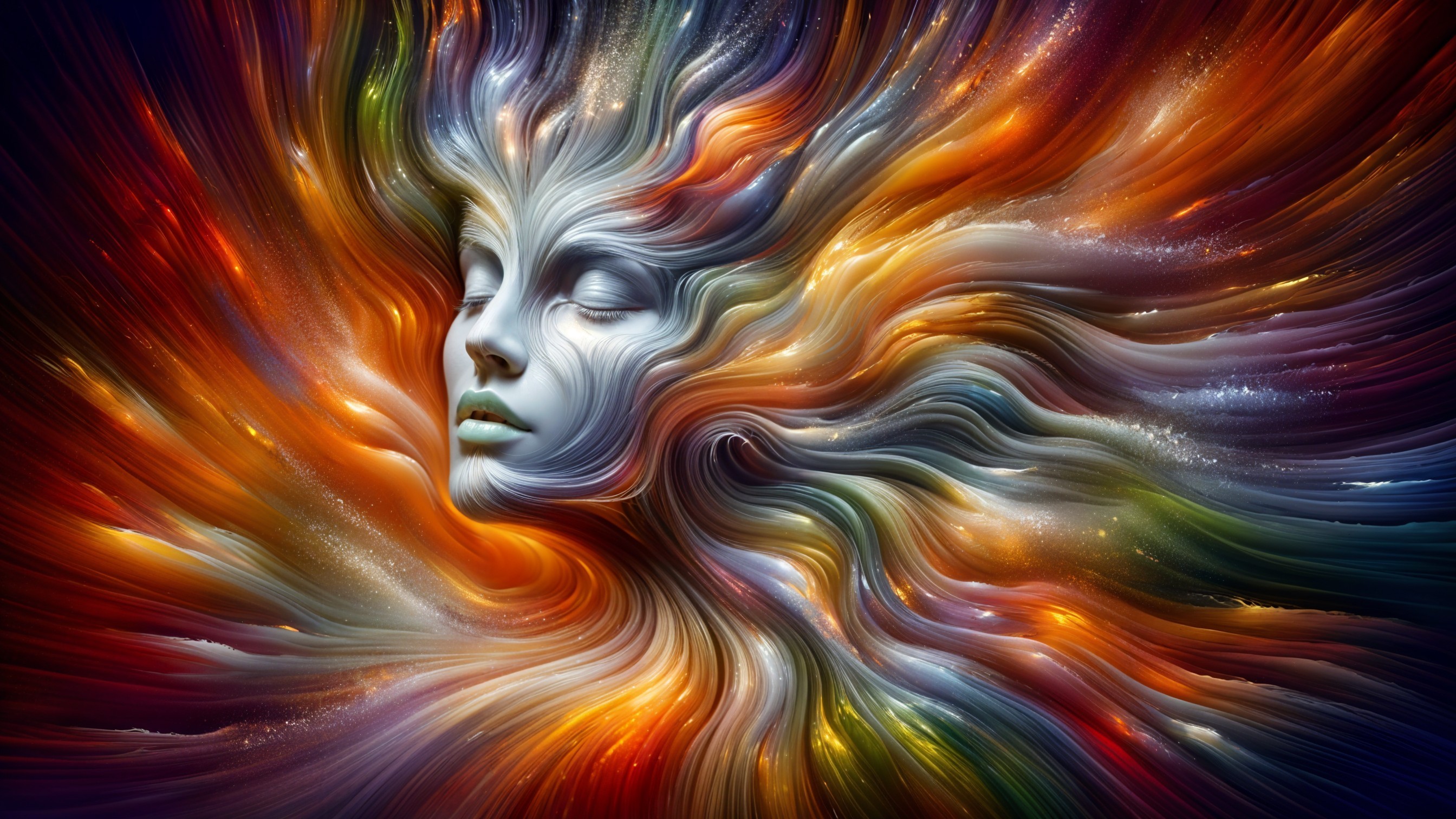 Surreal Face Surrounded by Vibrant Swirling Colors