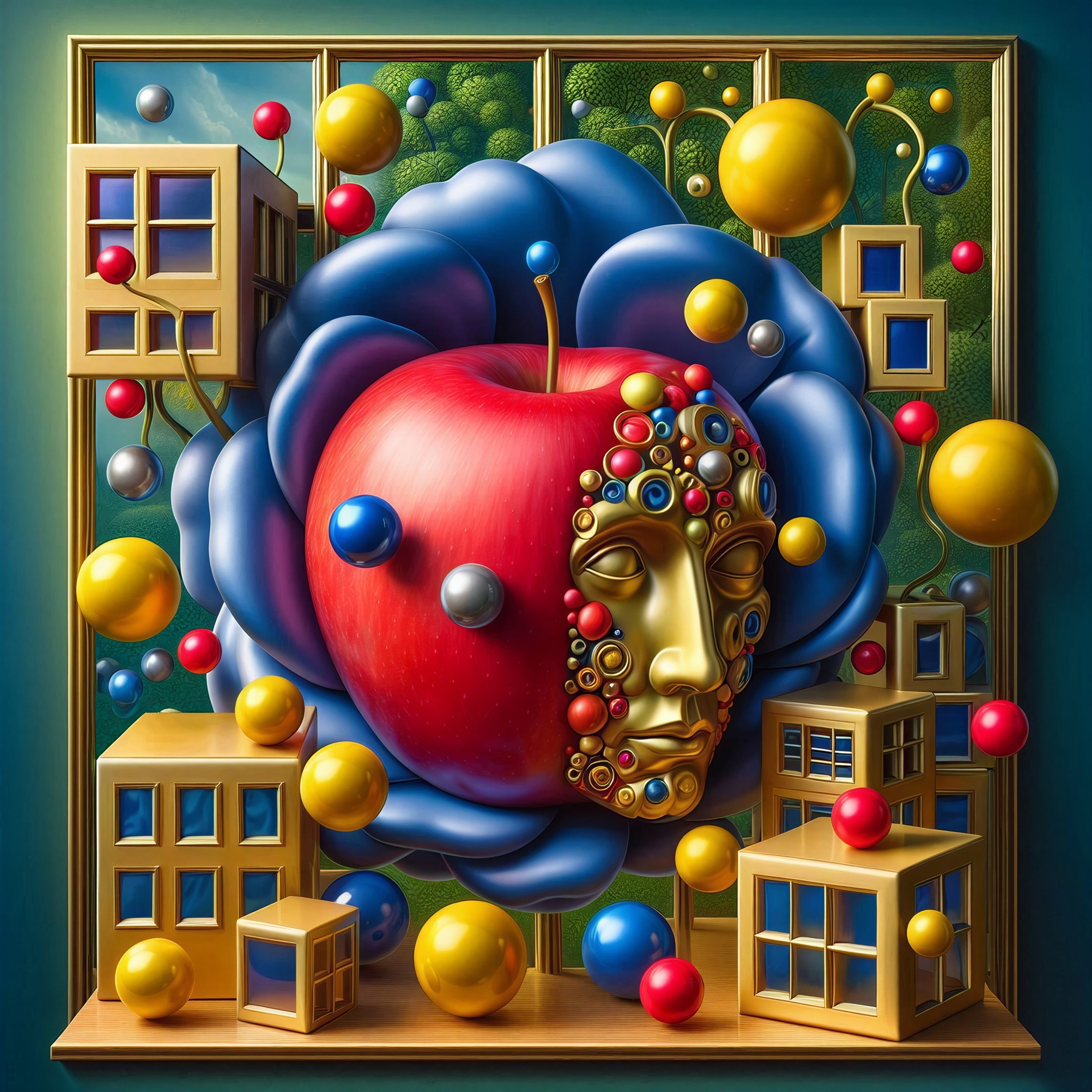 Surreal Artwork of Red Apple with Blue Flower and Shapes