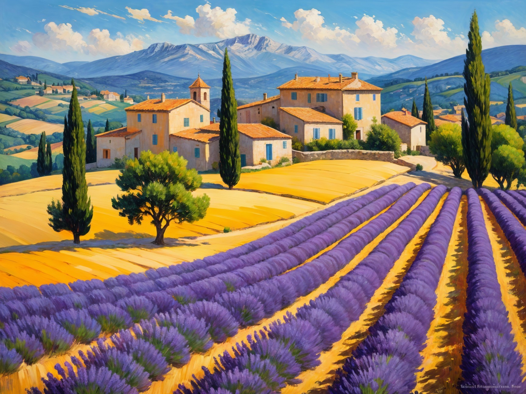 Lavender Fields and Countryside Villa Landscape