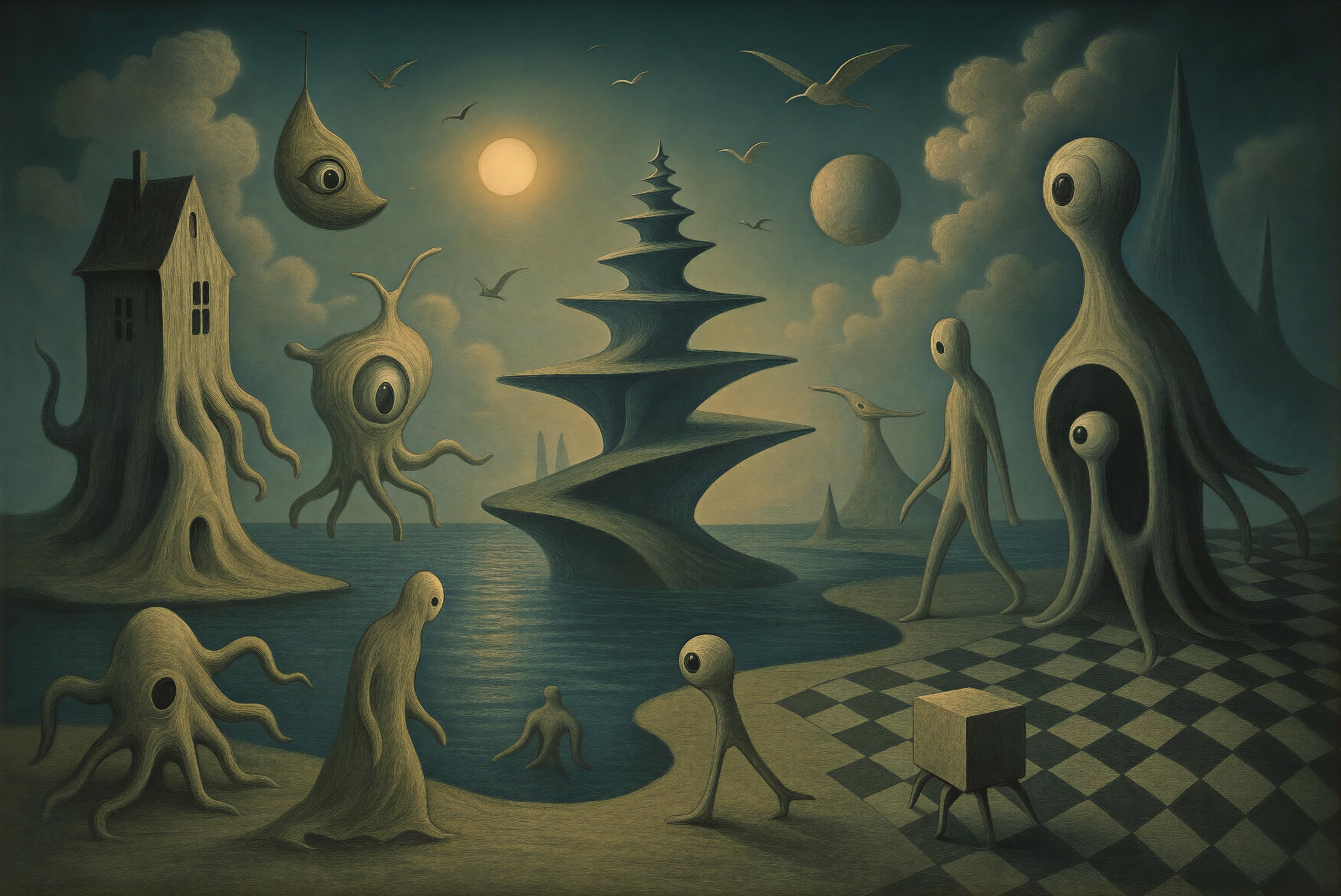 Surreal Painting of Water, Moon, and Unusual Creatures