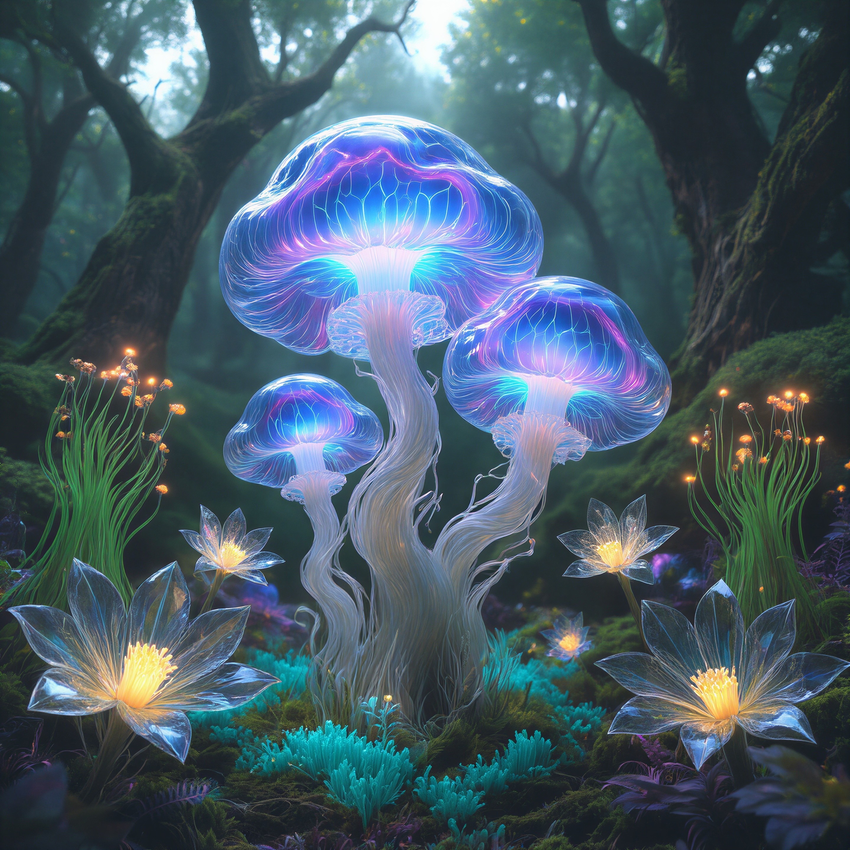 Mystical forest with glowing mushrooms and flowers