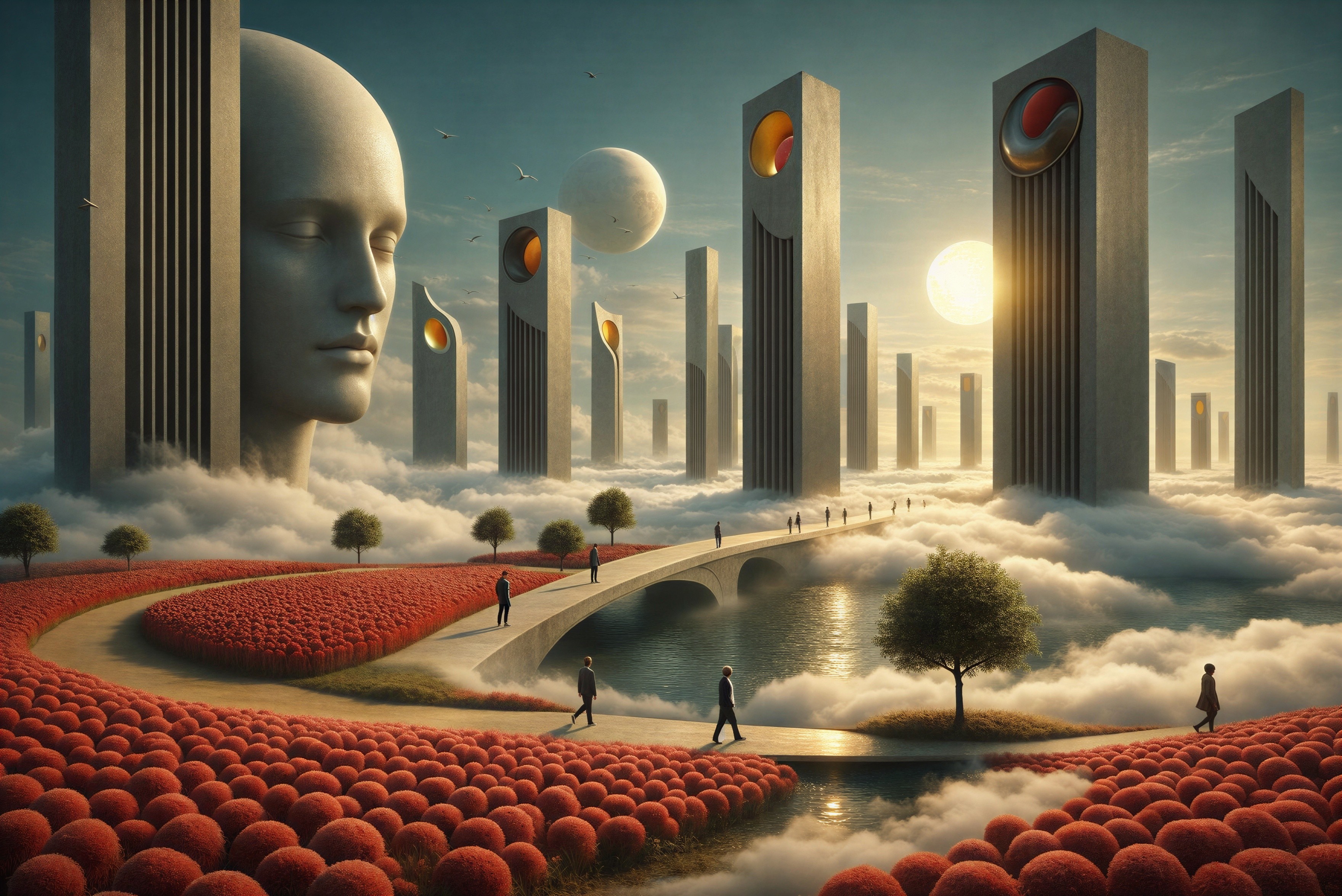 Surreal Dreamscape with Colossal Head Statue and Skyscrapers