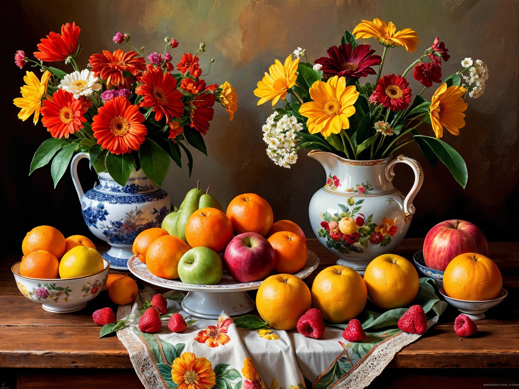 Colorful Still Life with Flowers and Fresh Fruits