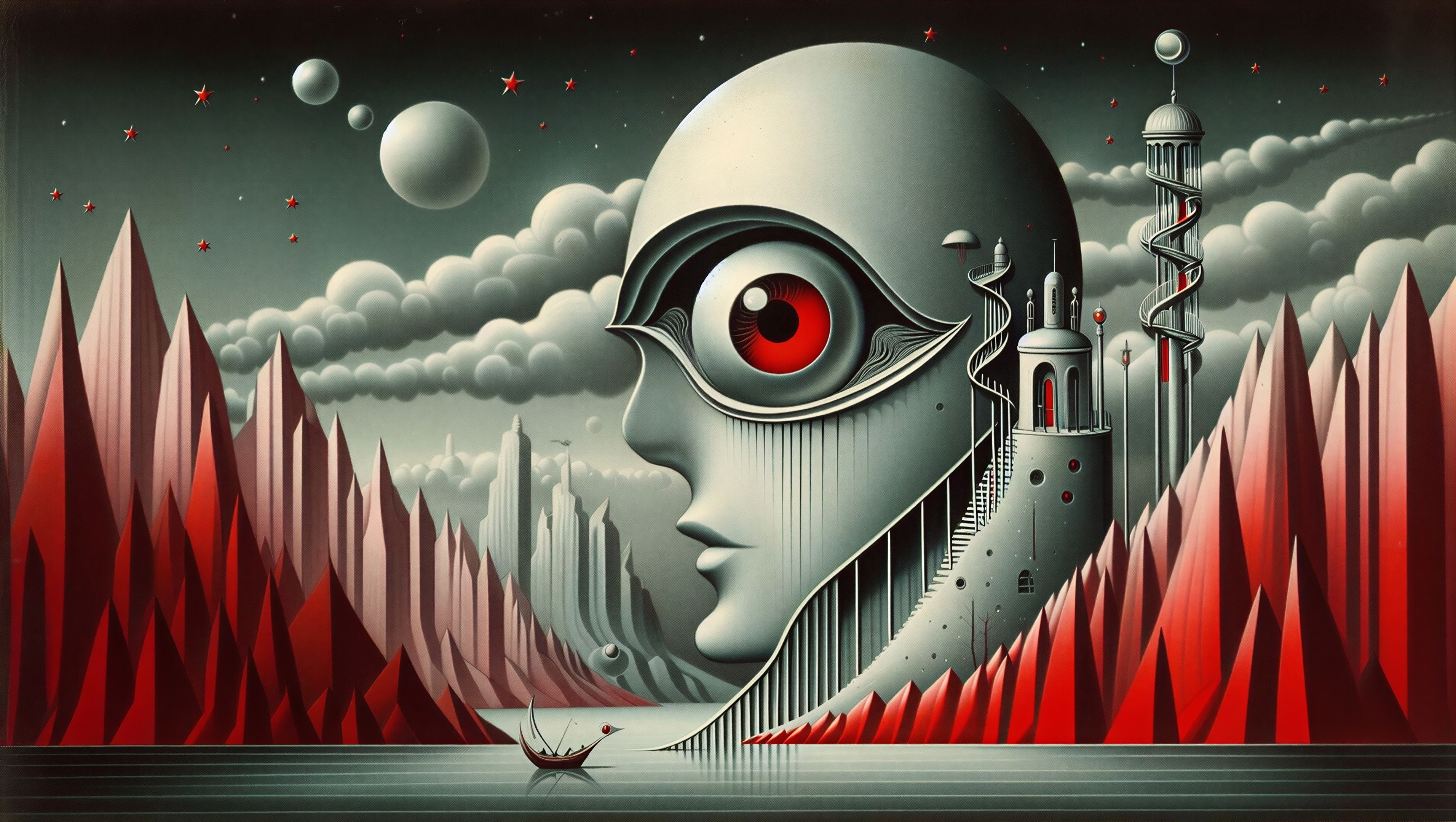 Surreal Landscape with Giant Face and Red Mountains