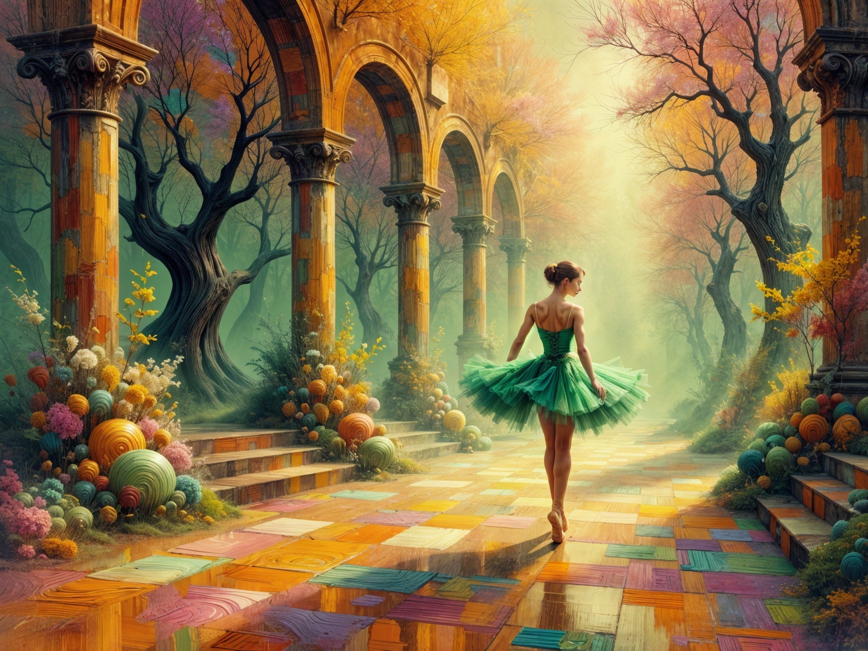 Dancer in Green Tutu Amidst Colorful Mosaic Pathway