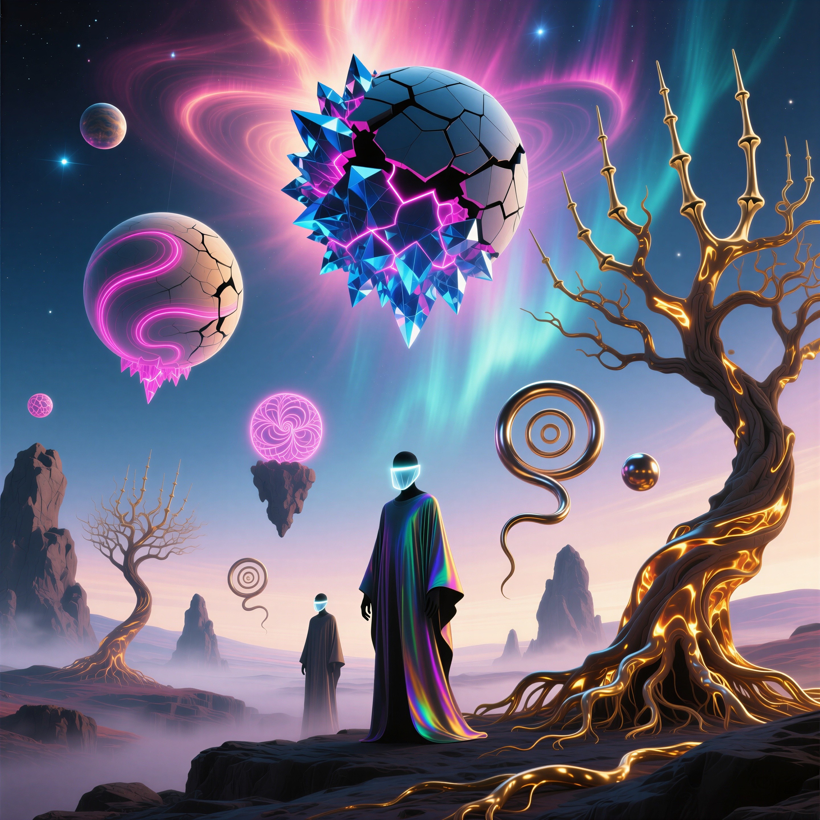 Surreal Landscape with Figures and Cosmic Elements