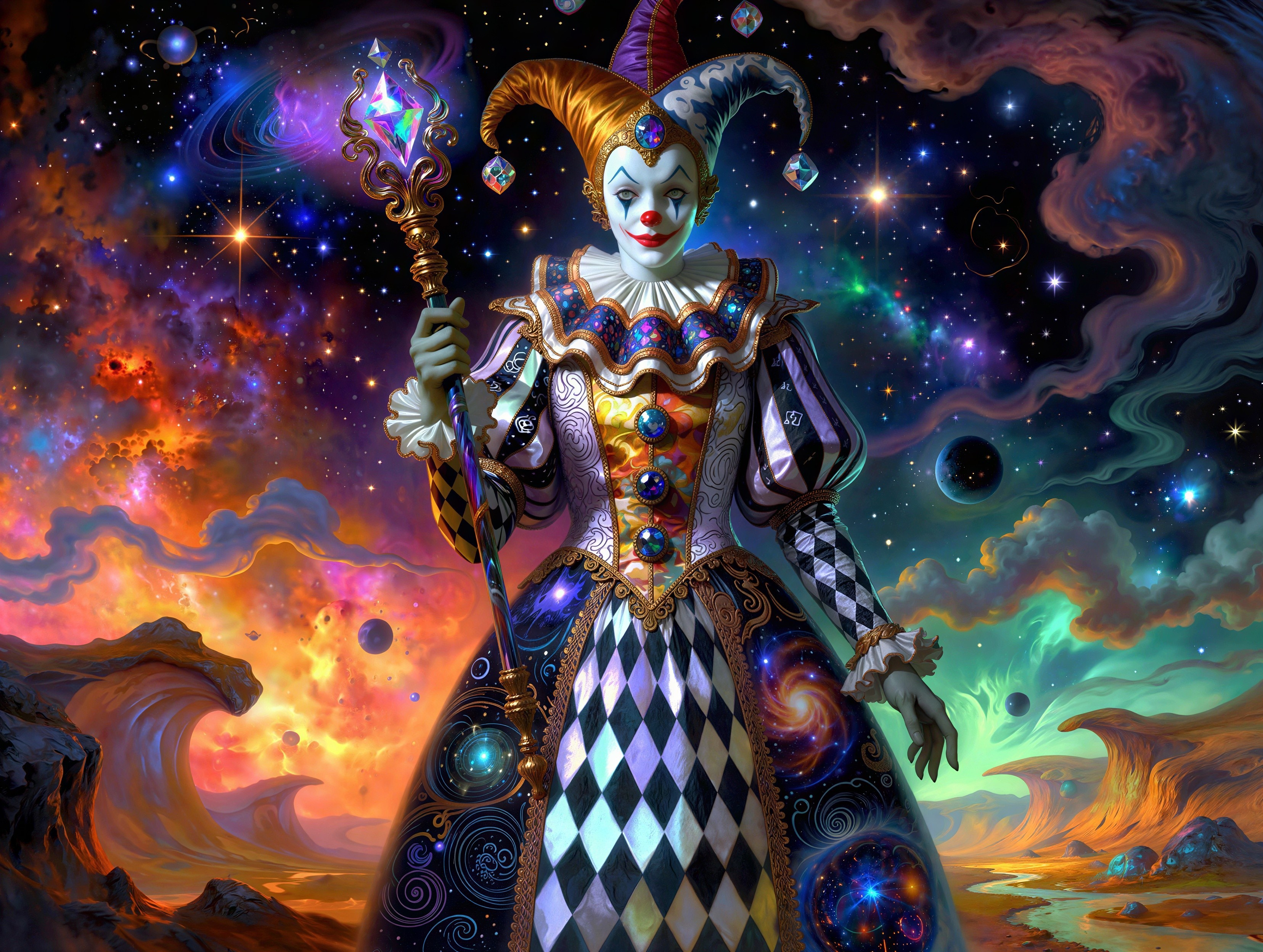 Cosmic Jester Illustration in a Colorful Galaxy