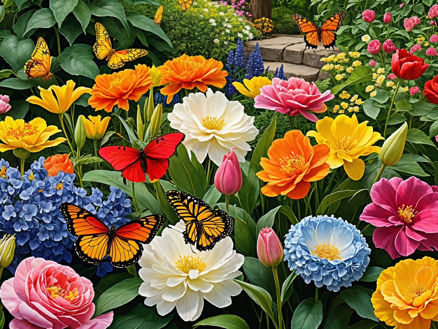 Vibrant Garden with Colorful Flowers and Butterflies