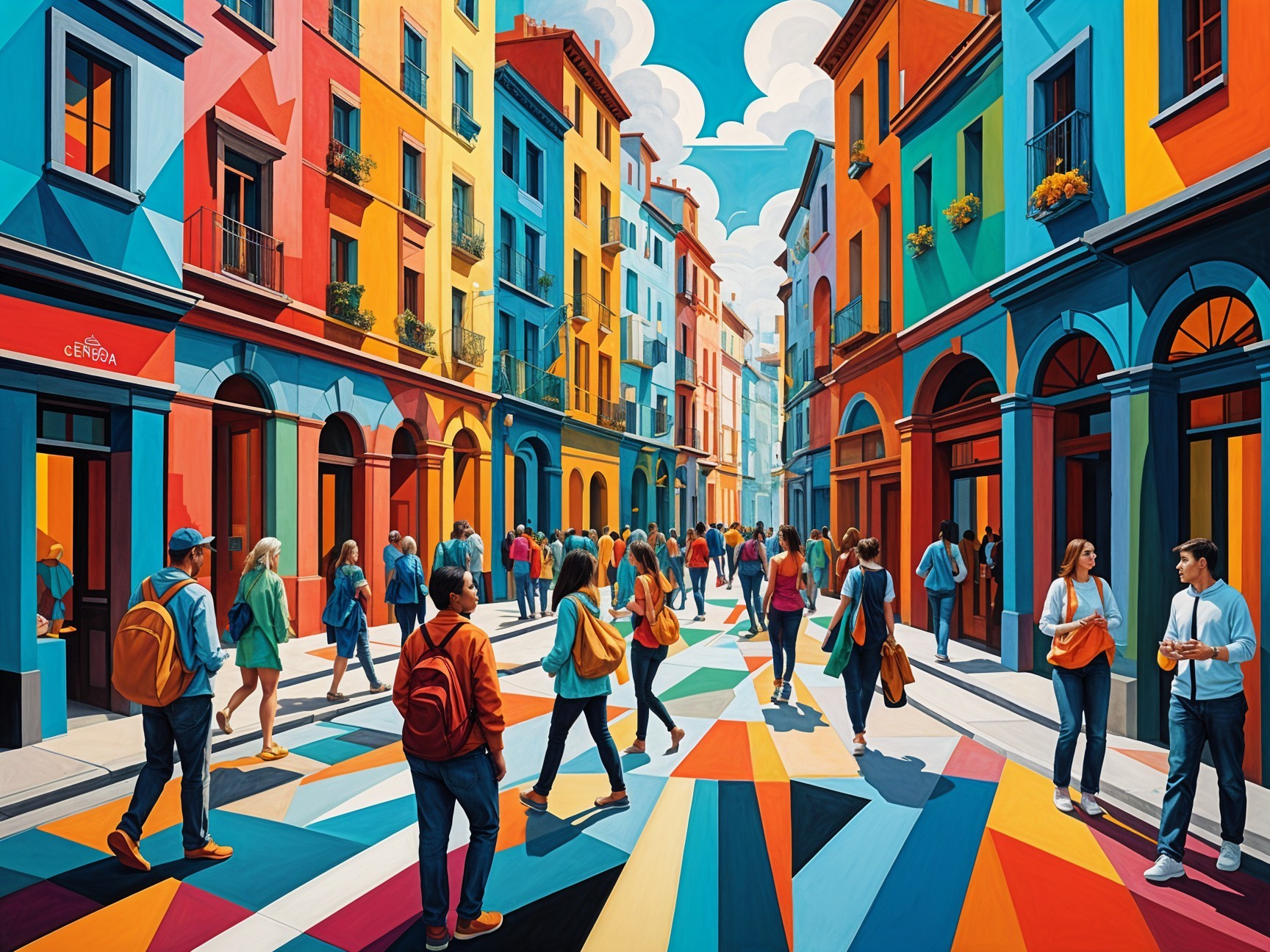 Vibrant Street Scene with Colorful Buildings and Patterns