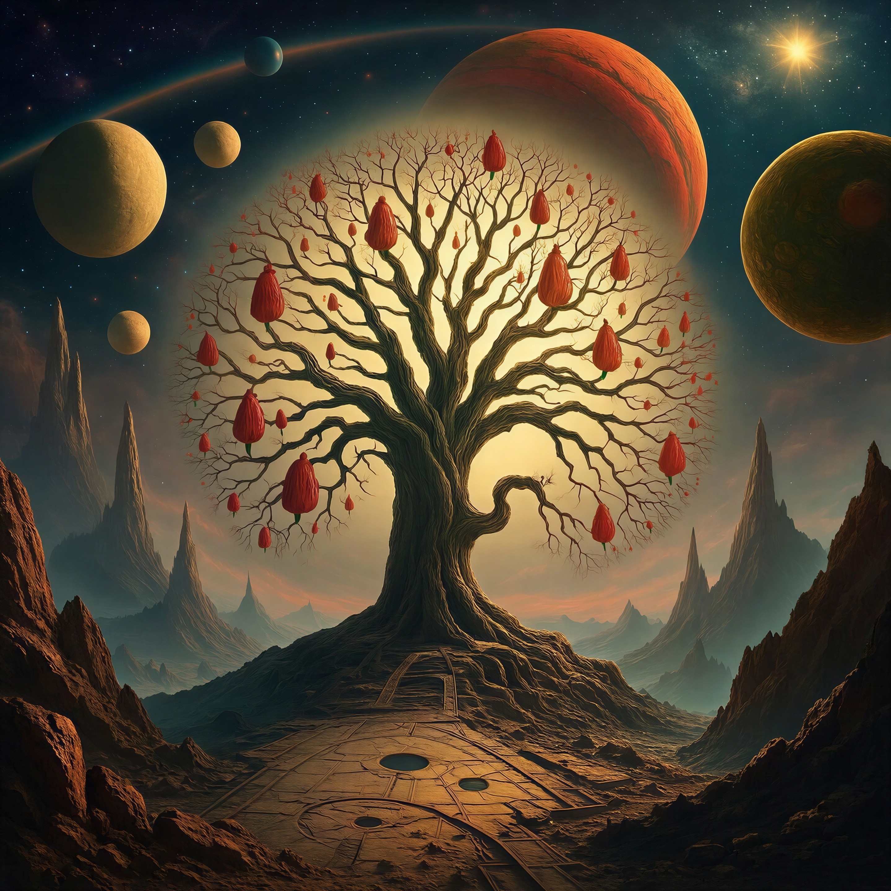 Colossal Tree with Red Fruits in Cosmic Landscape