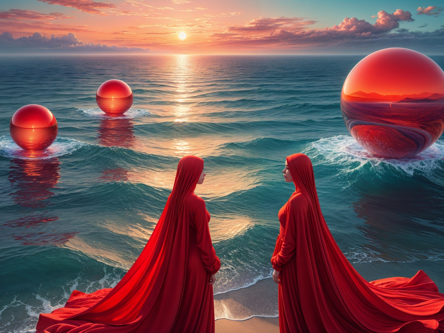 Surreal Landscape with Figures and Reflective Spheres