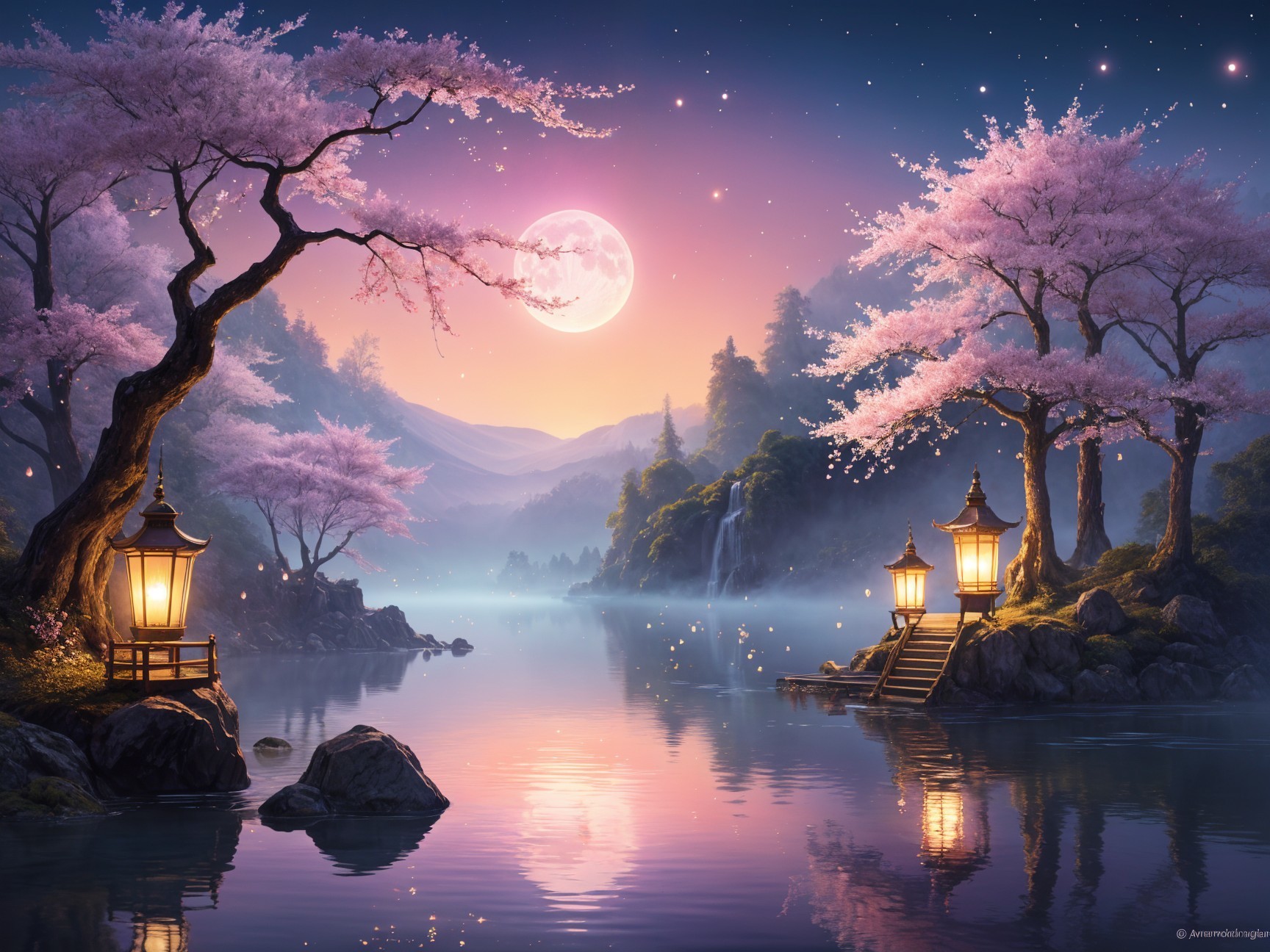 Tranquil Lake and Cherry Blossoms Under Full Moon